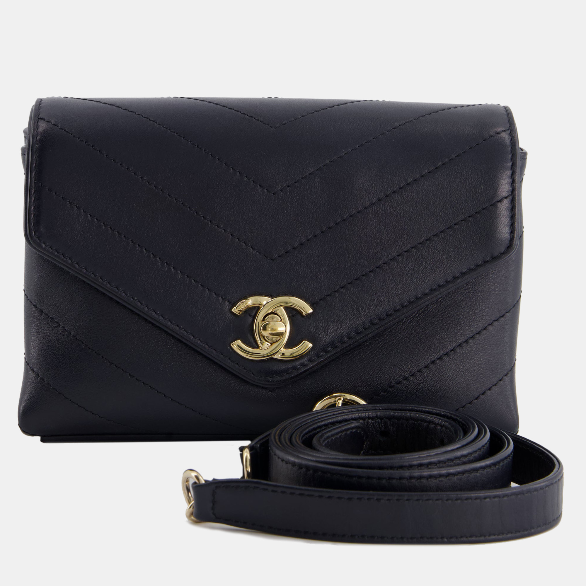 Chanel Midnight Blue Leather Chevron Stitched Belt Bag With Gold Hardware