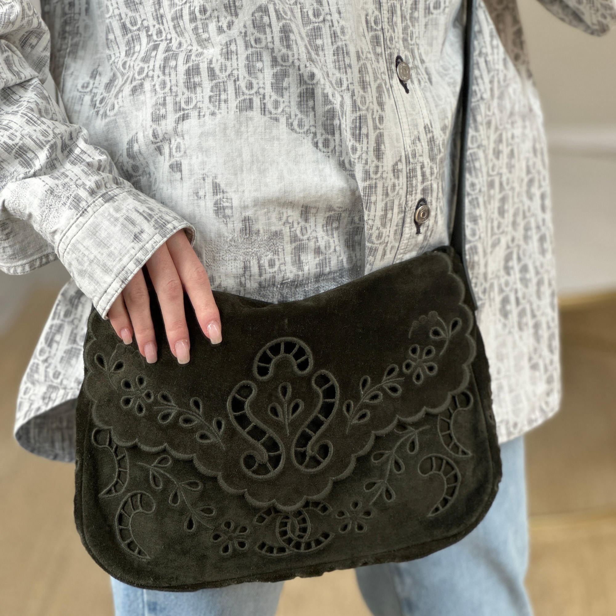 Chanel Khaki Suede Paisley Embroidered CC Messenger Bag With Ruthenium Hardware