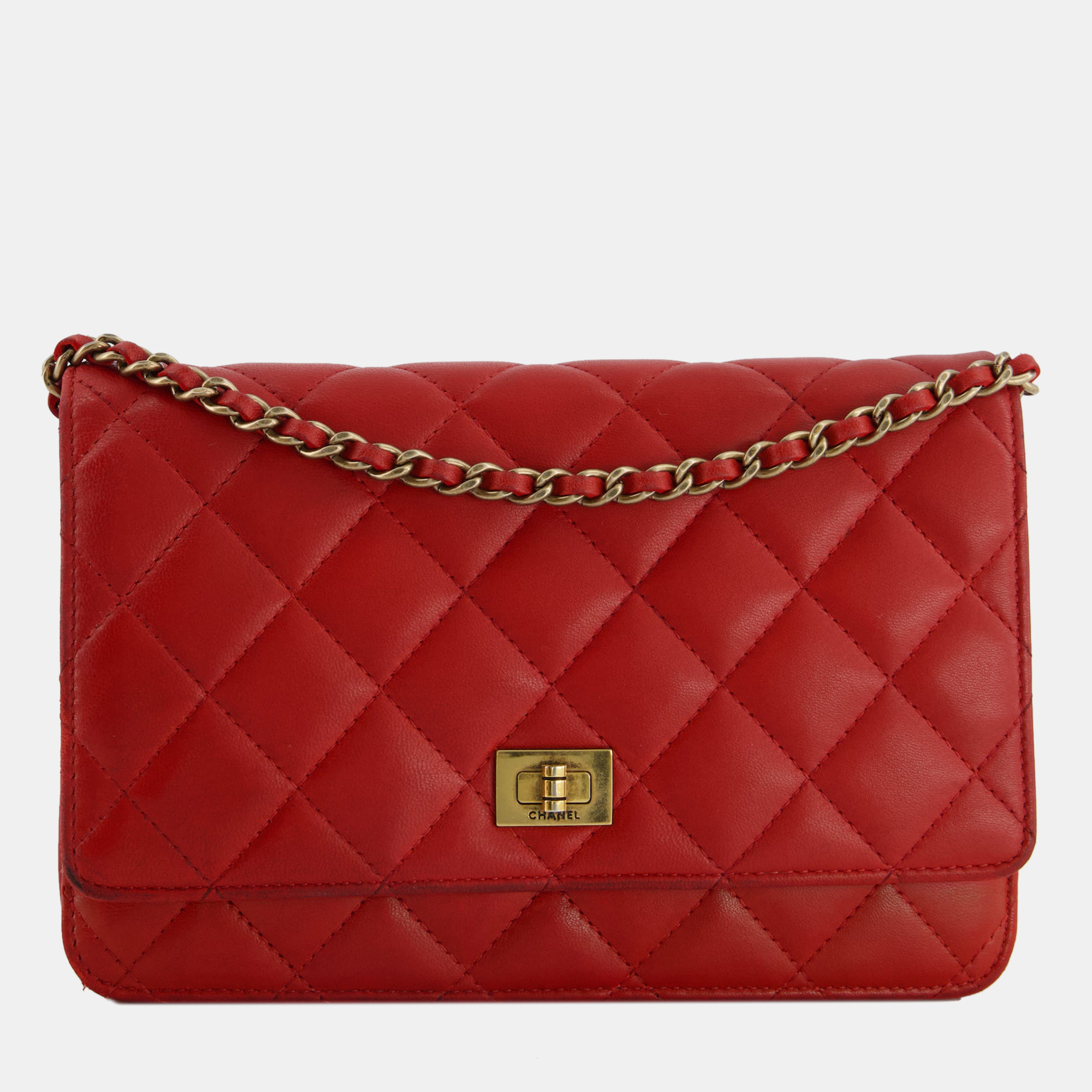 Chanel red 2.55 wallet on chain in lambskin leather with champagne gold hardware