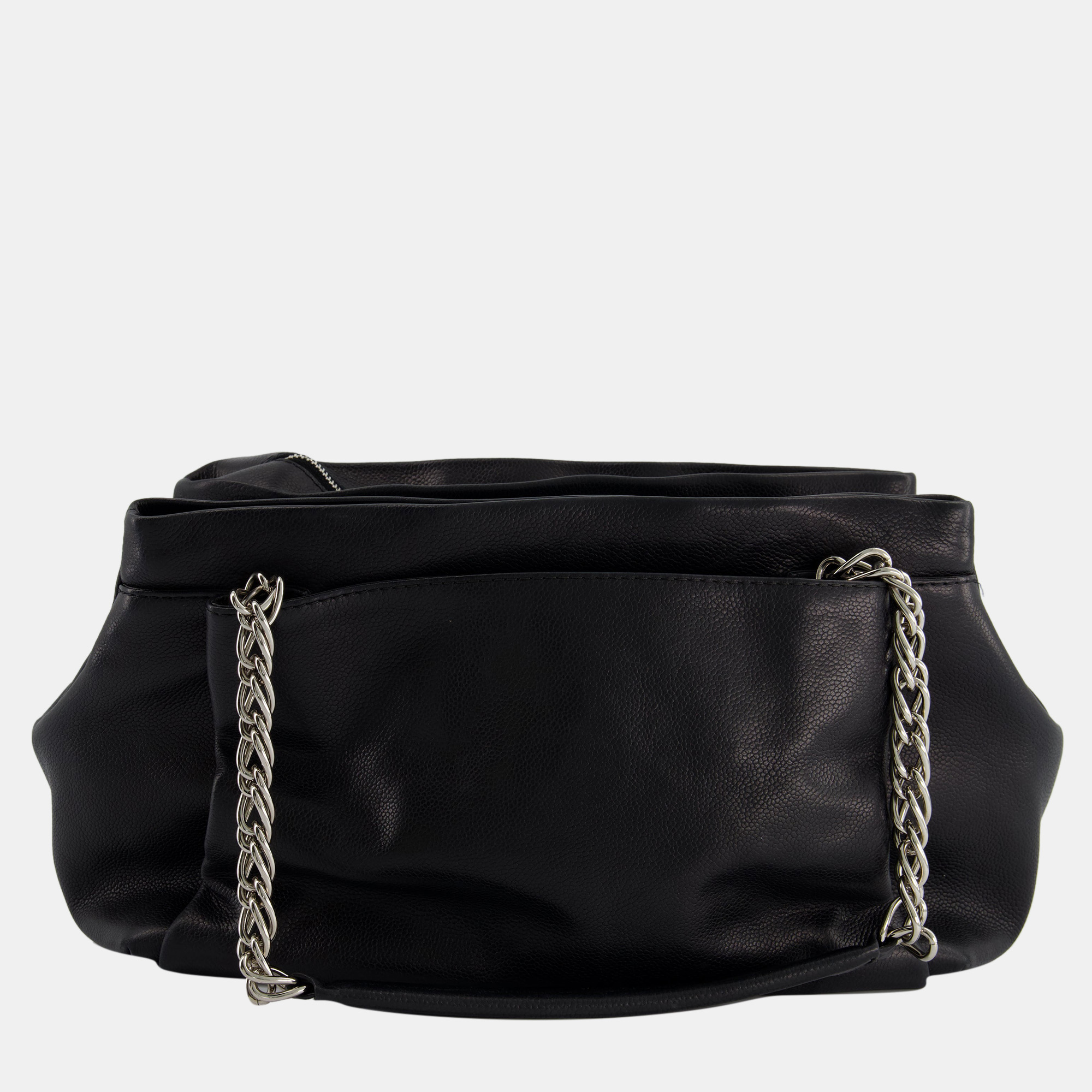 Chanel Black Caviar Leather CC Logo Shoulder Bag With Silver Hardware