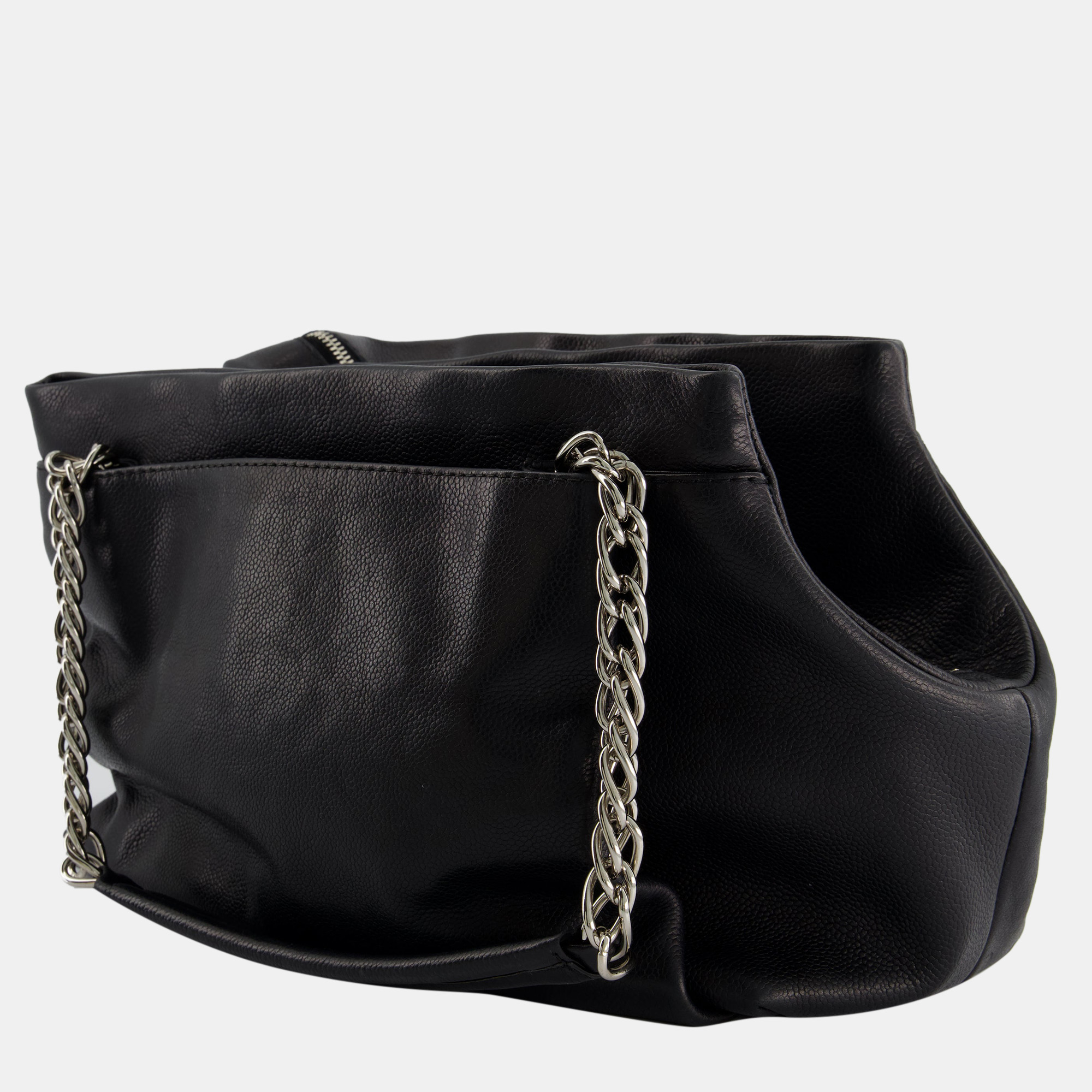 Chanel Black Caviar Leather CC Logo Shoulder Bag With Silver Hardware
