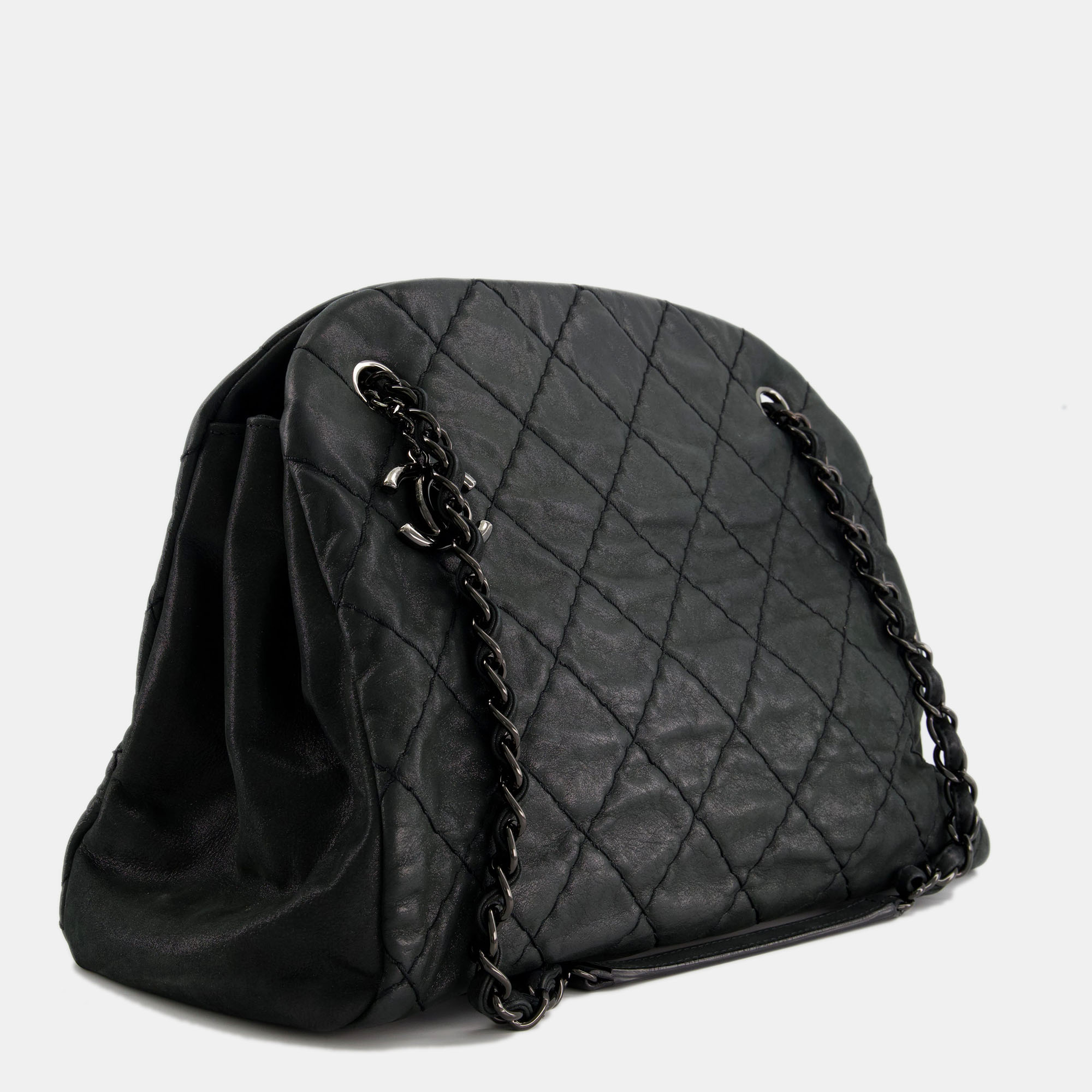 Chanel Charcoal Shimmer Quilted Lambskin CC Shoulder Bag With So Black Hardware