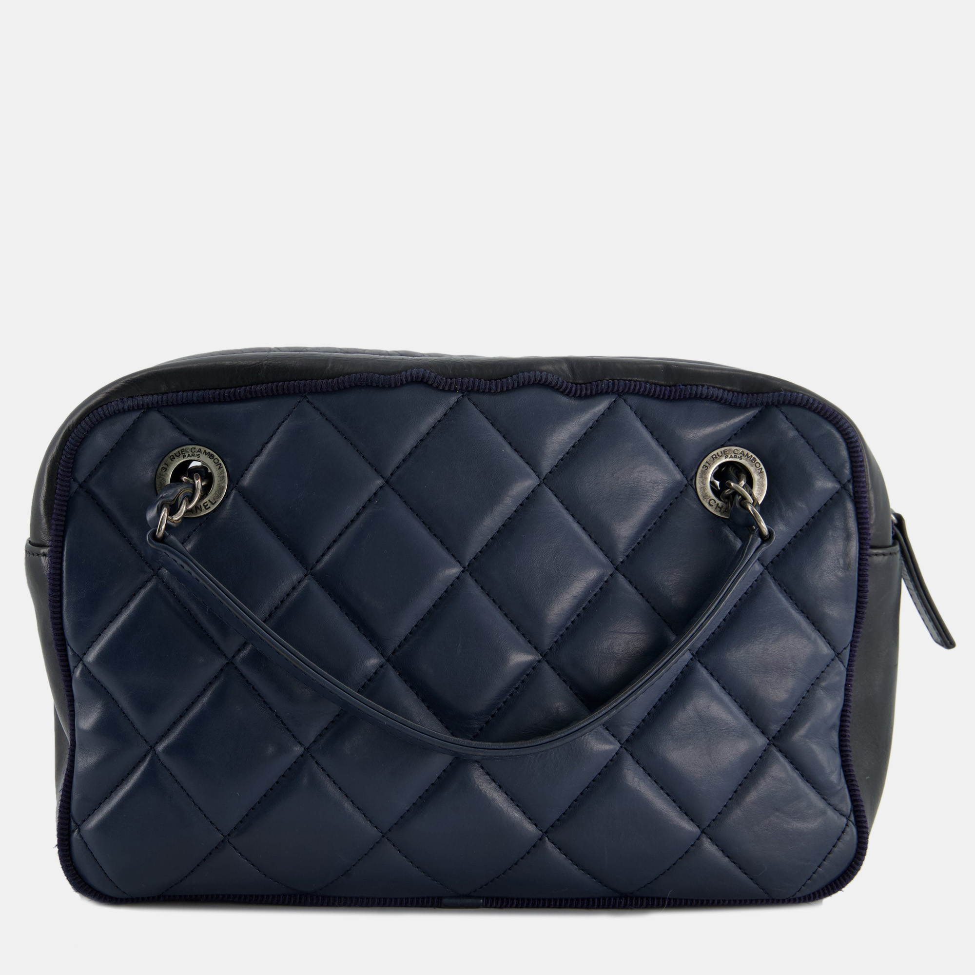 Chanel Navy Small Quilted CC Logo Camera Bag In Lambskin Leather Ruthenium Hardware
