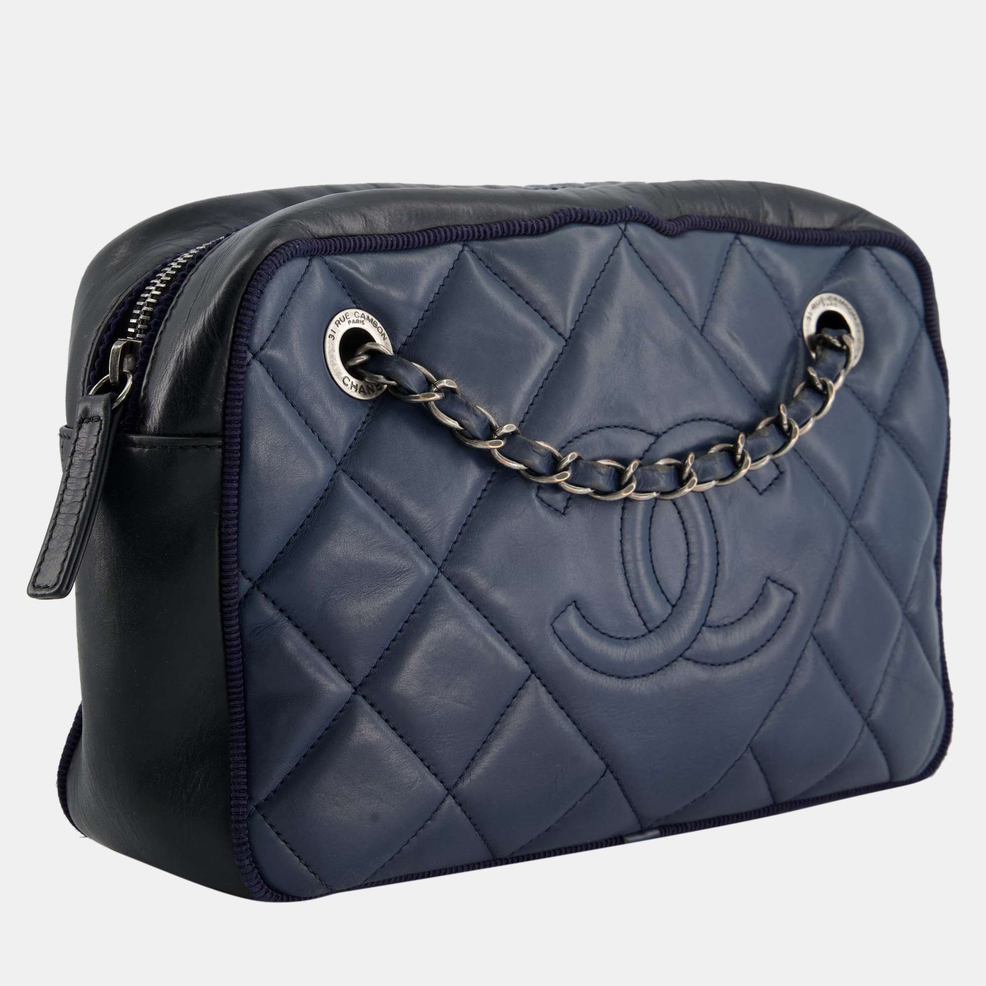 Chanel Navy Small Quilted CC Logo Camera Bag In Lambskin Leather Ruthenium Hardware