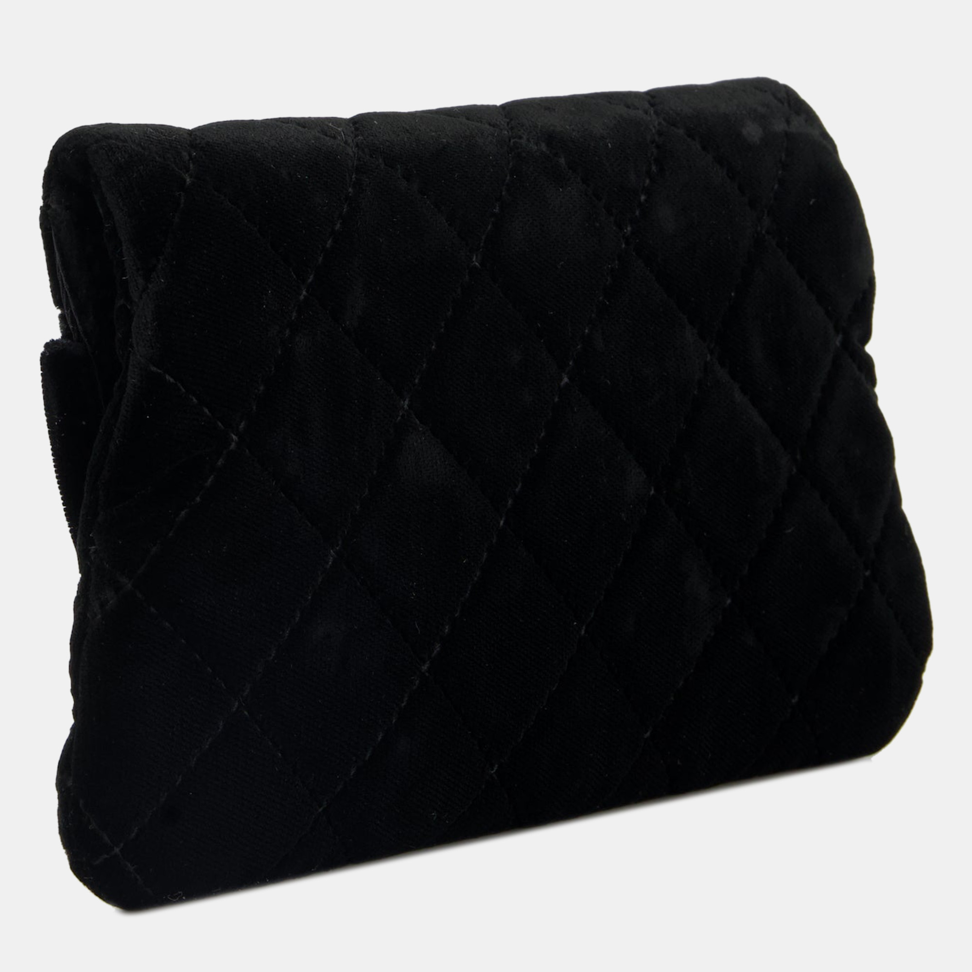 Chanel Black Velvet Diamond Clutch Bag With Camellia Detailing