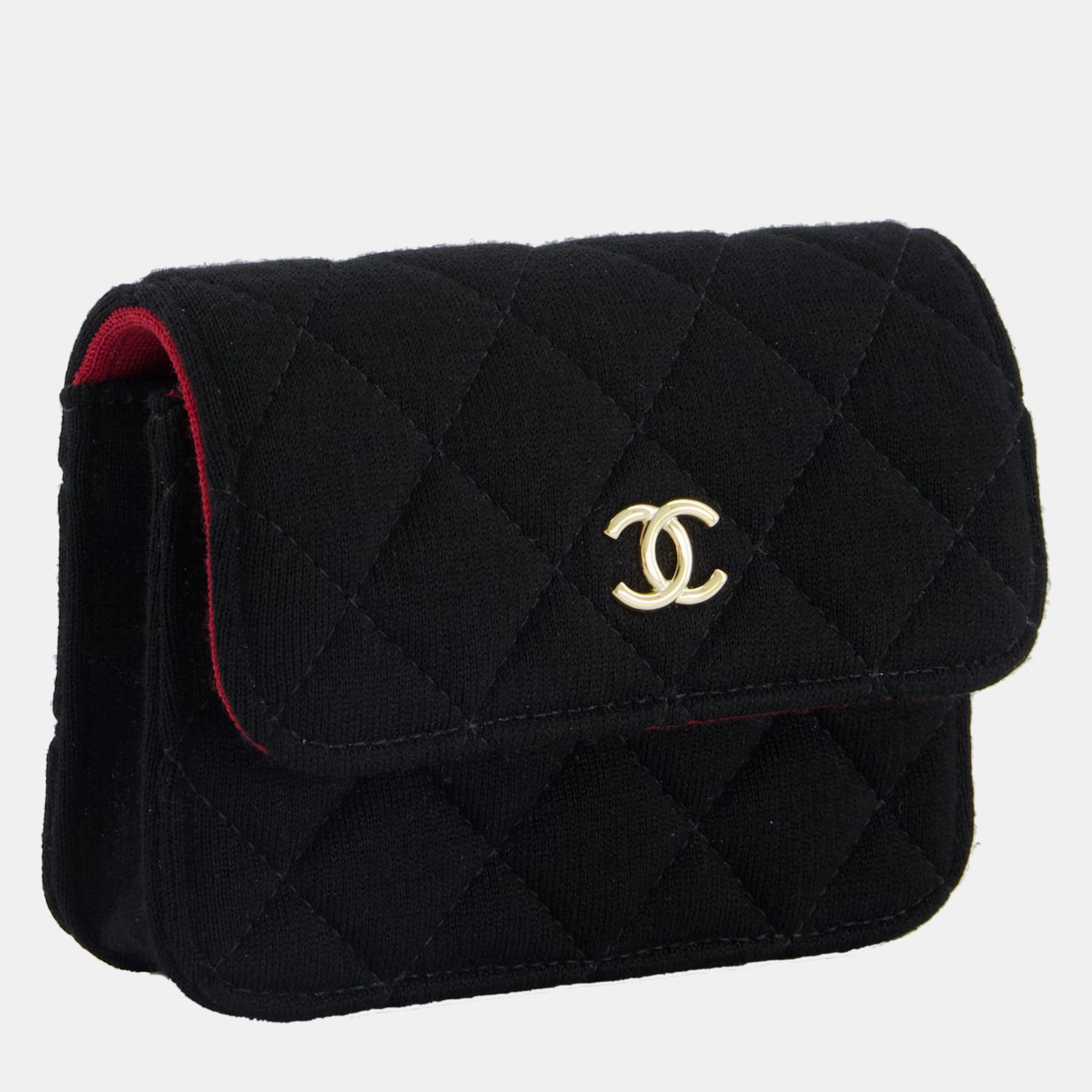 Chanel Ultra Mini Black Jersey Fabric Cross-Body Bag With Champagne Gold Hardware