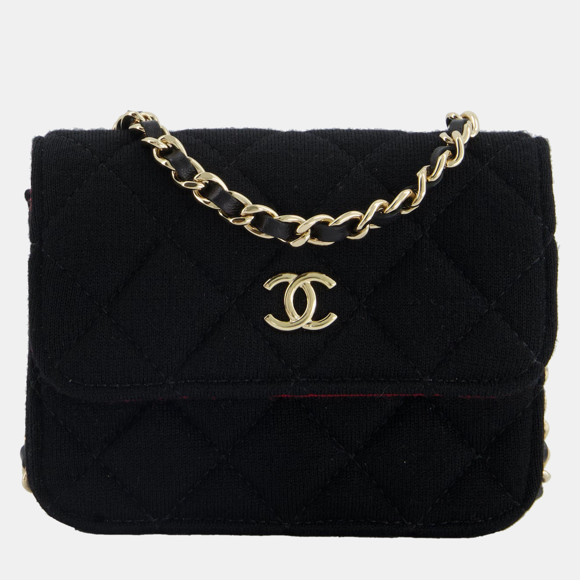 Chanel ultra mini black jersey fabric cross-body bag with champagne gold hardware