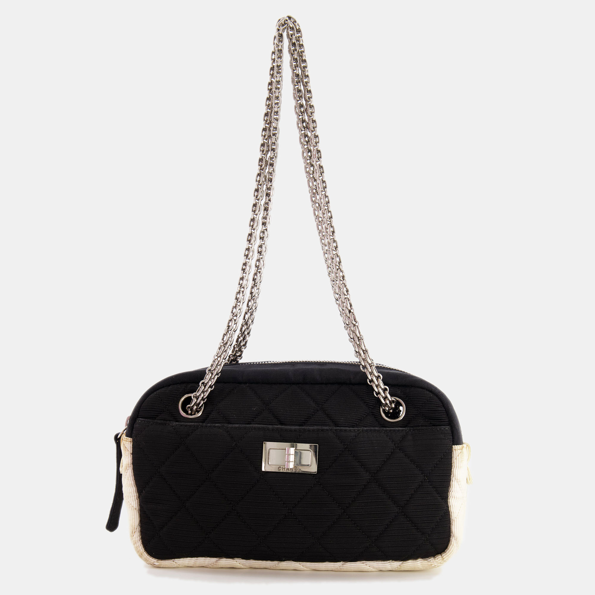 Chanel black and white canvas camera bag with silver hardware
