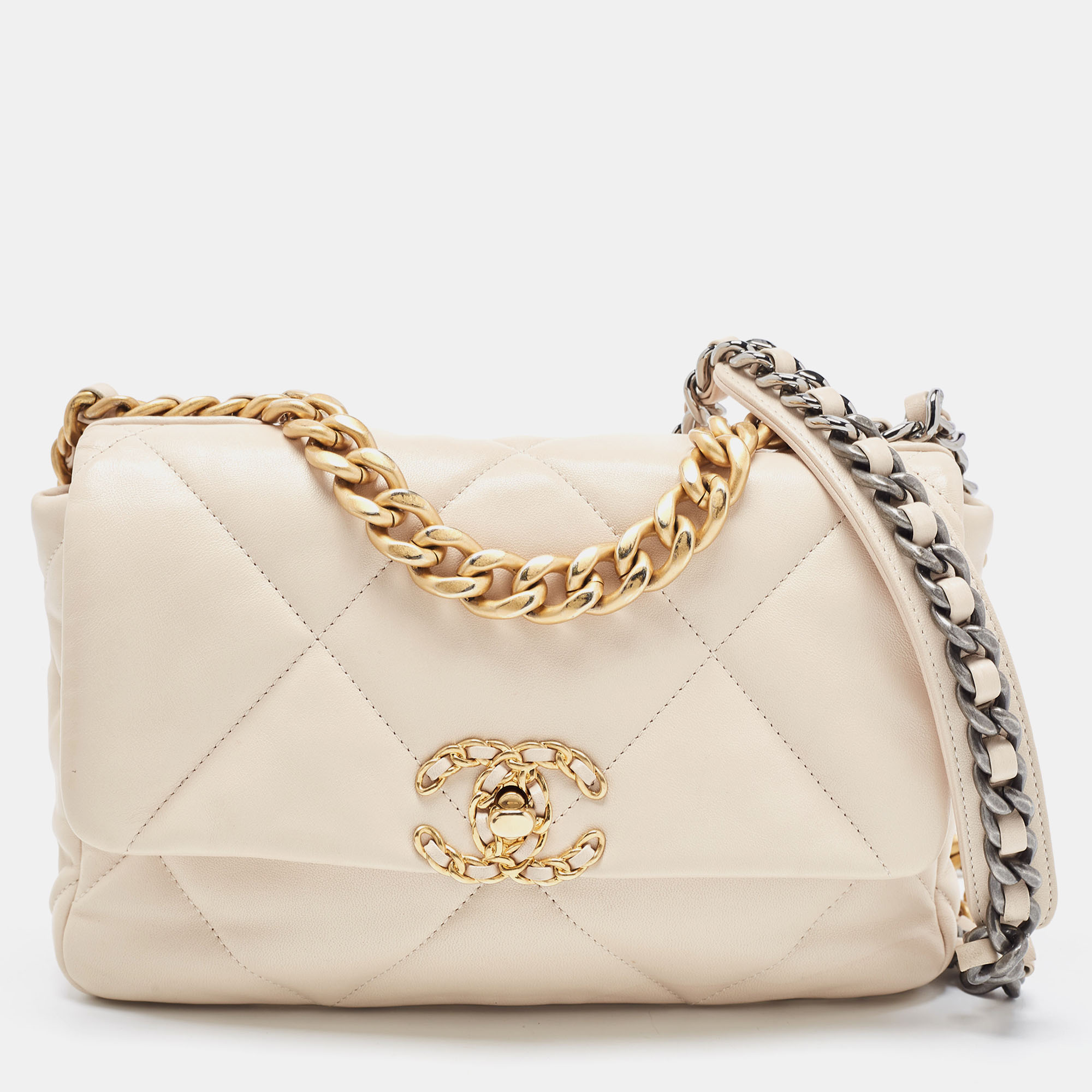 Chanel Beige Quilted Leather Medium 19 Flap Bag