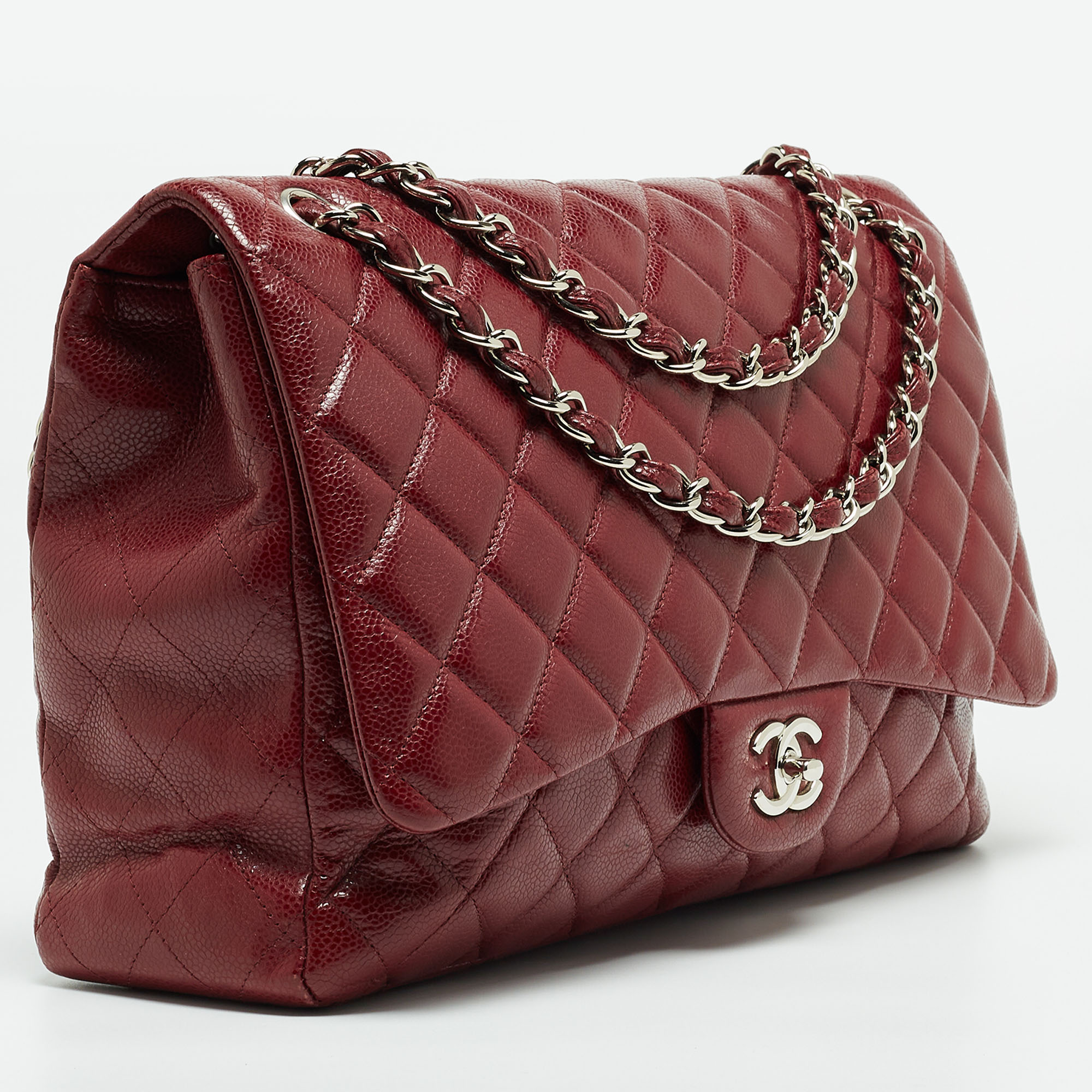 Chanel Burgundy Quilted Caviar Leather Maxi Classic Single Flap Bag