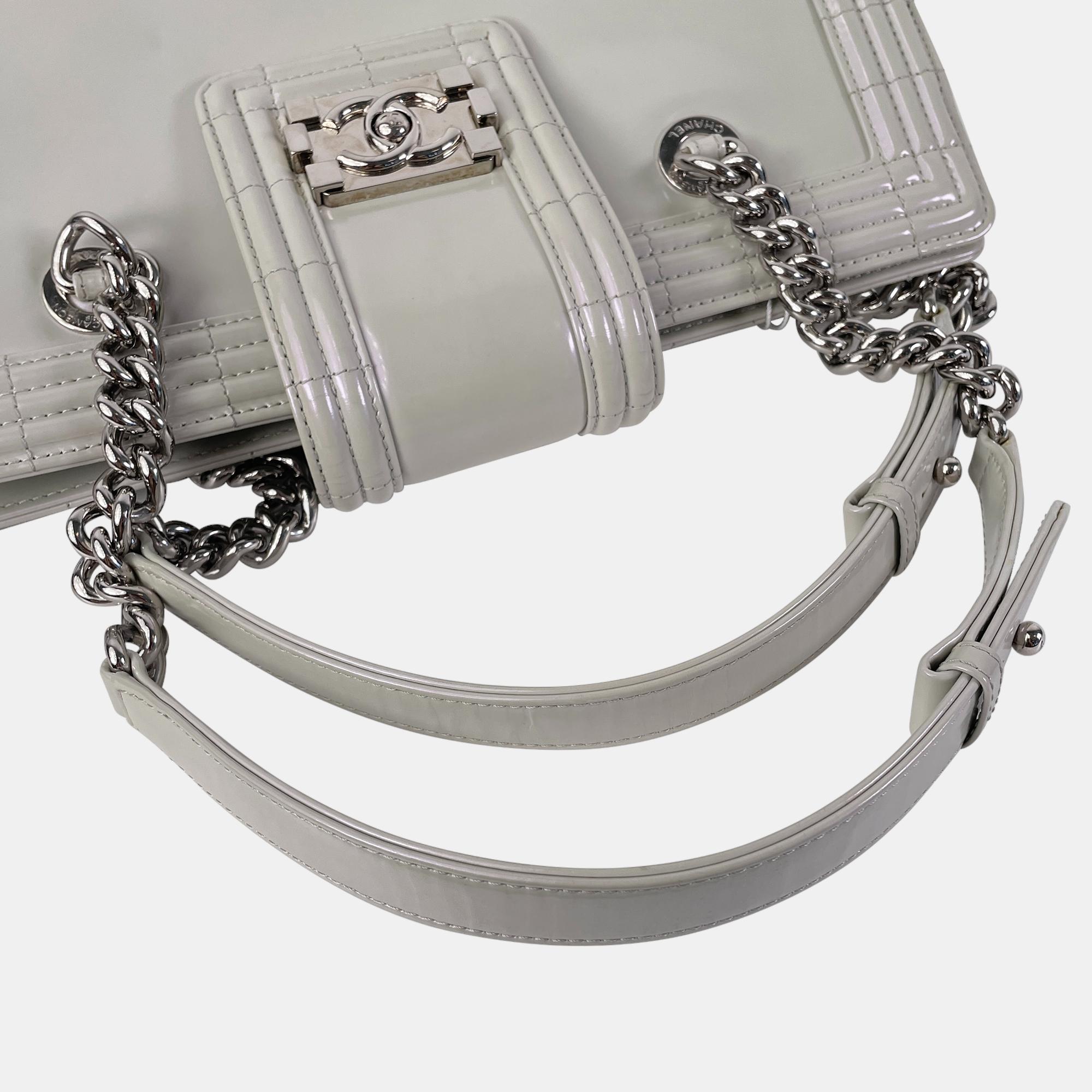 Chanel Grey Iridescent Patent Boy Reverso Shopping Tote