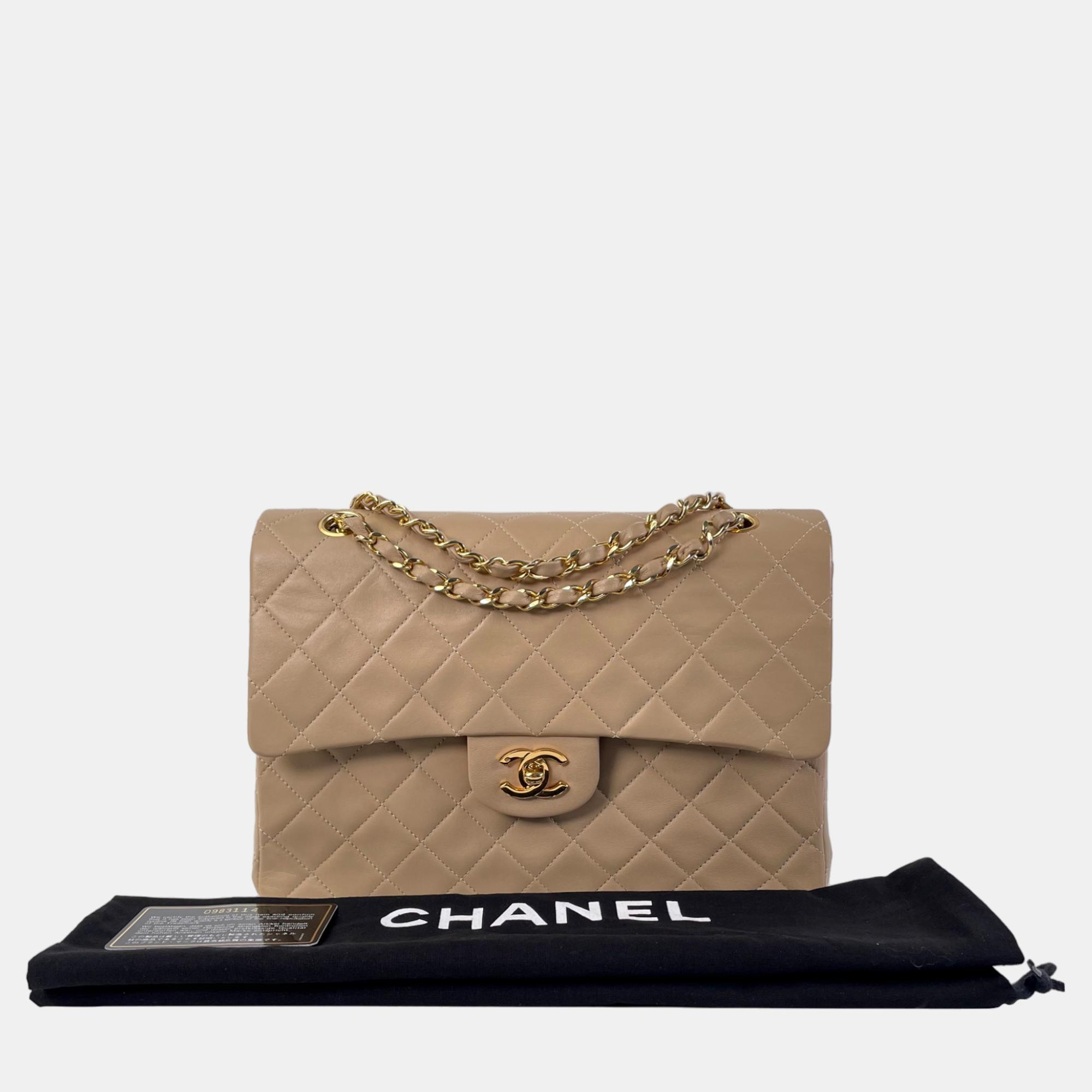 Chanel Beige/Brown Medium Tall Classic Lambskin Double Flap