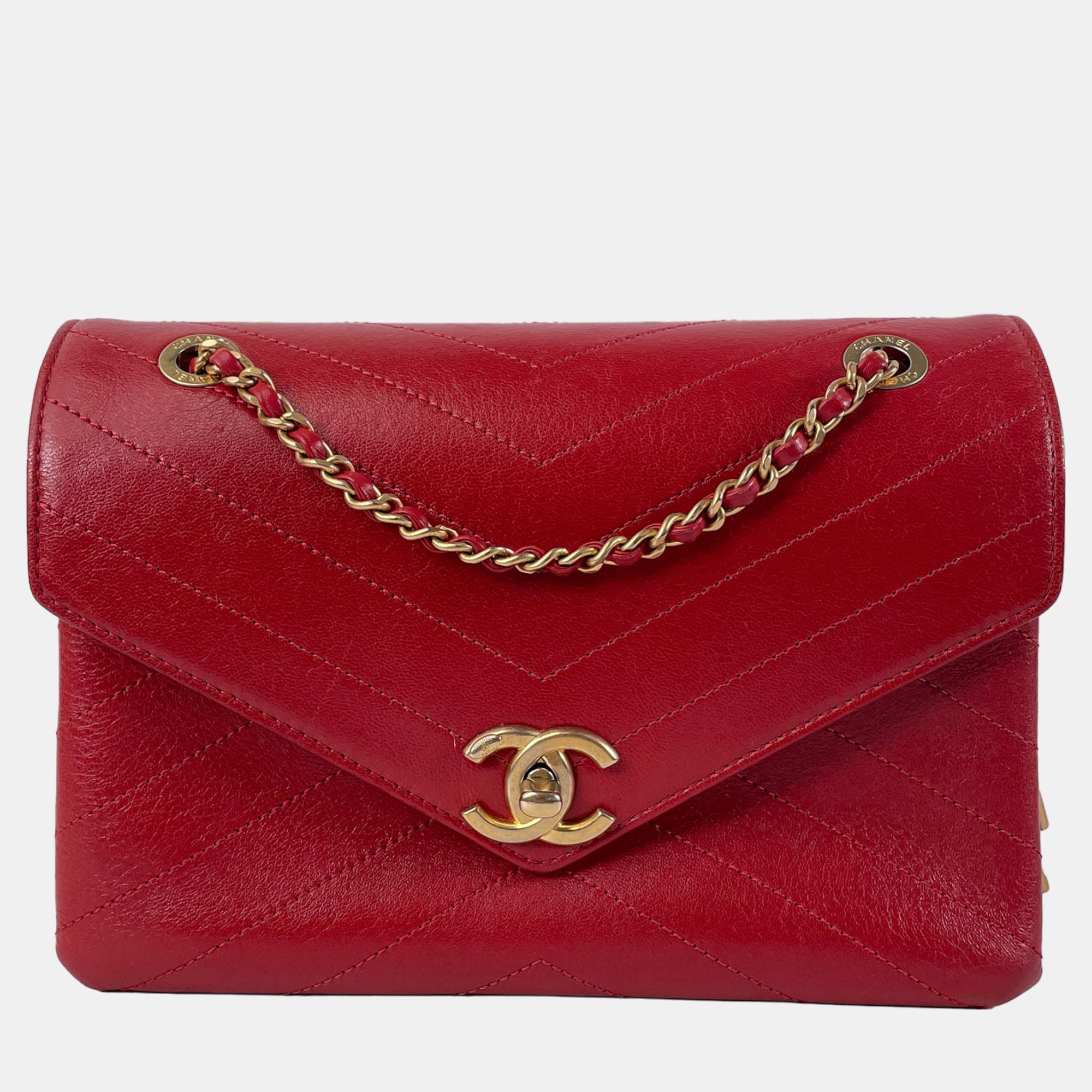 Chanel Red Small Lambskin Coco Chevron Envelope Flap Bag