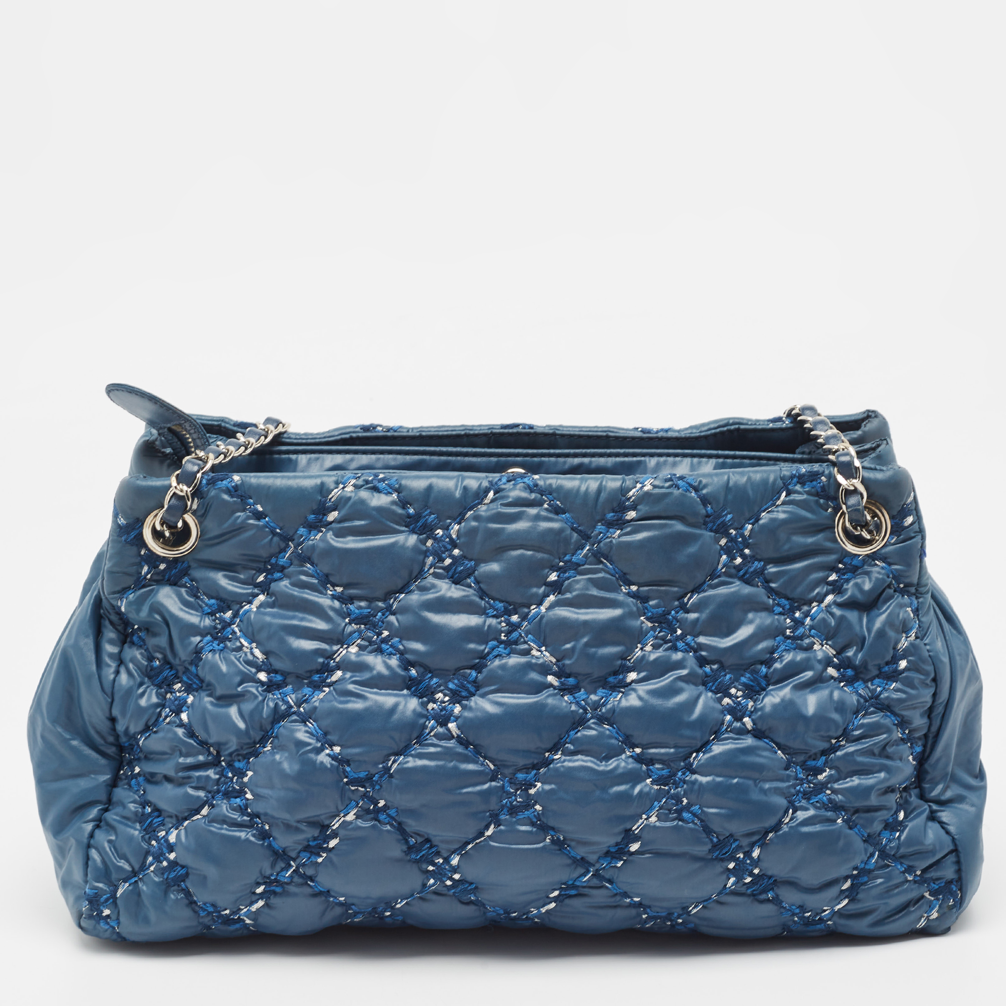Chanel Blue Quilted Nylon And Tweed Ultra Stitch Bubble Tote