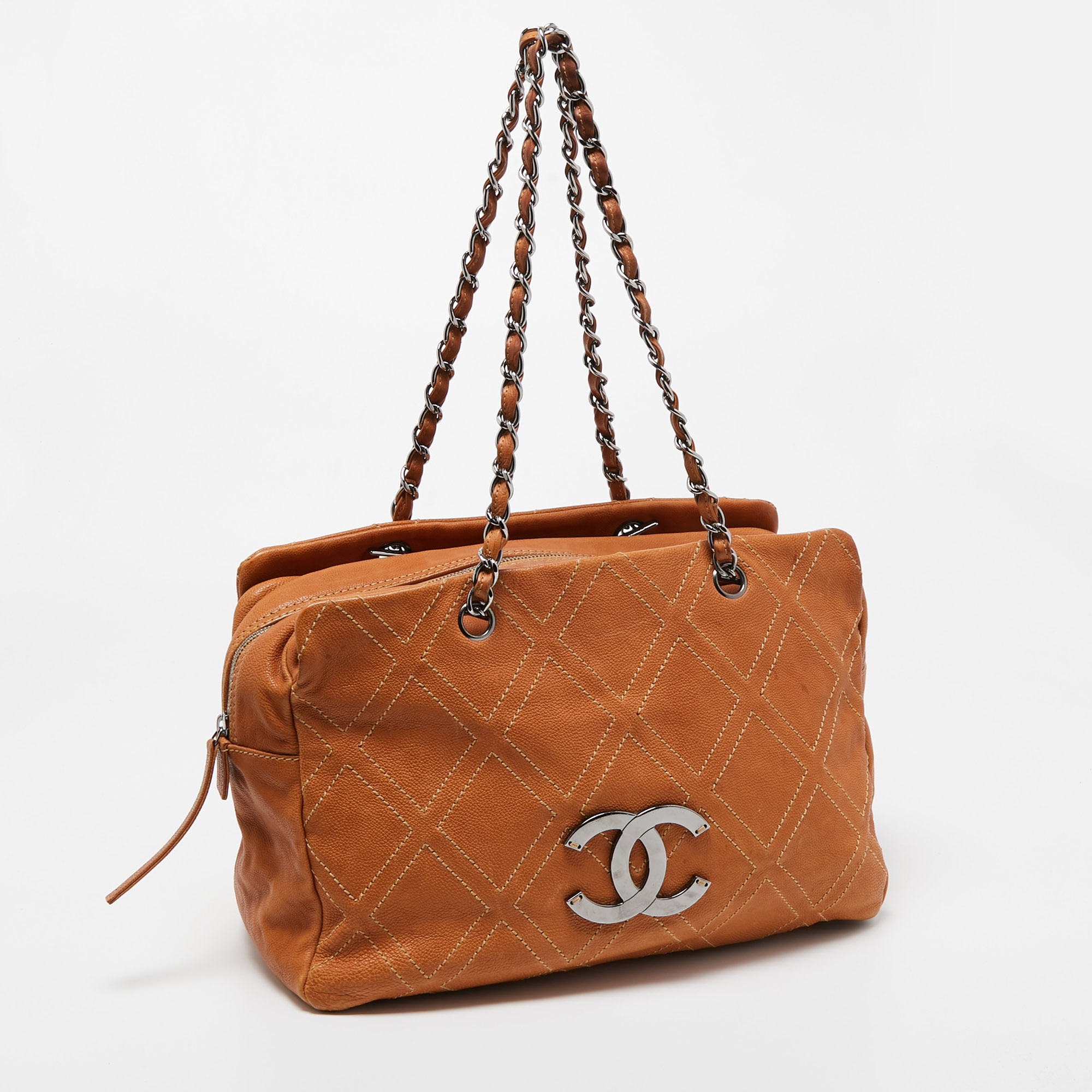 Chanel Tan Leather Triple Compartment Chain Shoulder Bag