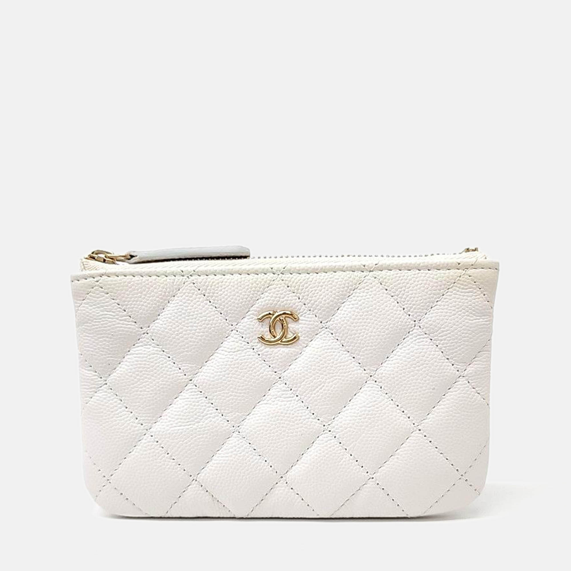 Chanel white caviar quilted small pouch