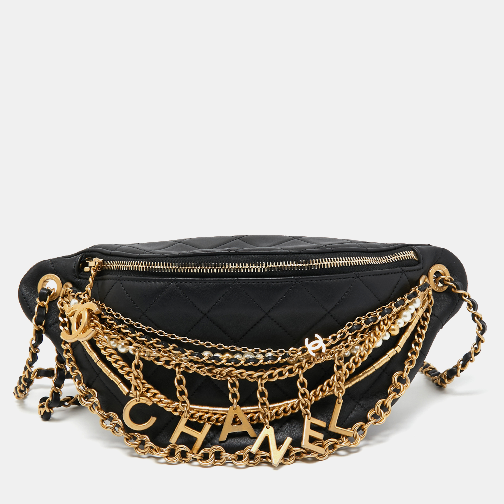 Chanel Black Quilted Leather All About Chains Waist Bag