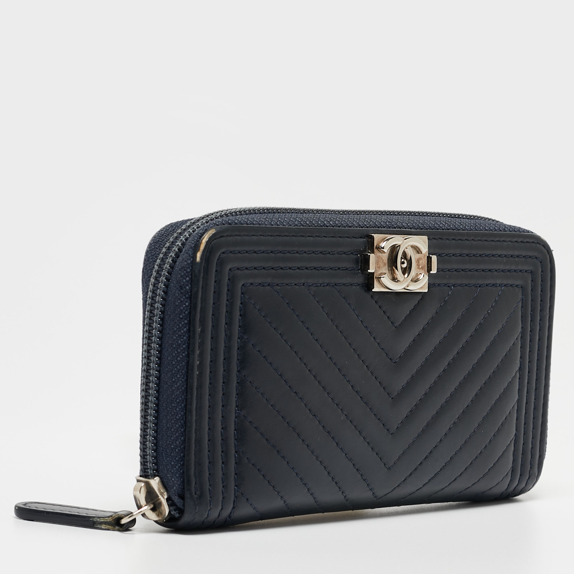 Chanel Dark Blue Chevron Leather Boy Zip Around Wallet