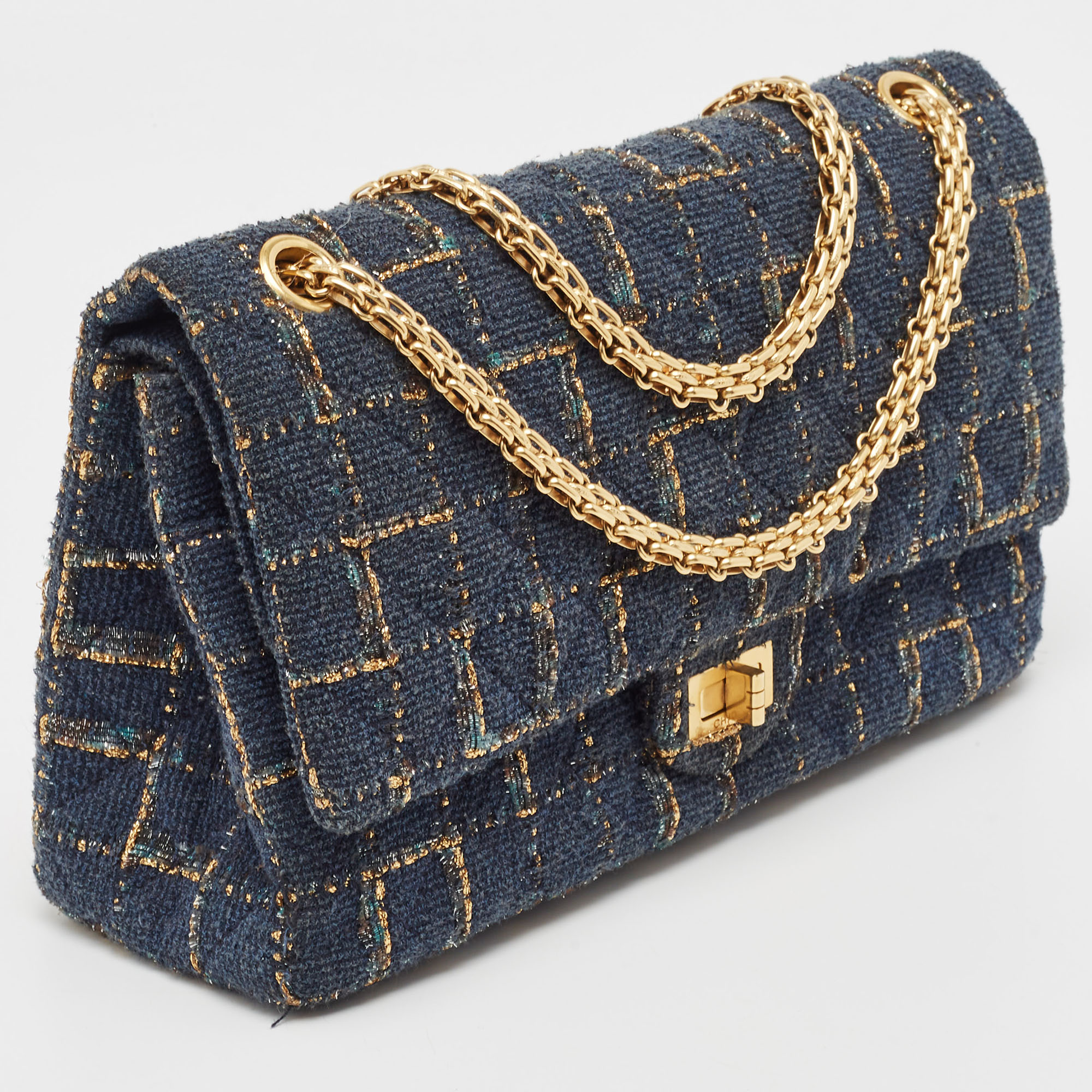 Chanel Blue/Gold Tweed Reissue 2.55 Icons Mademoiselle Double Flap Bag