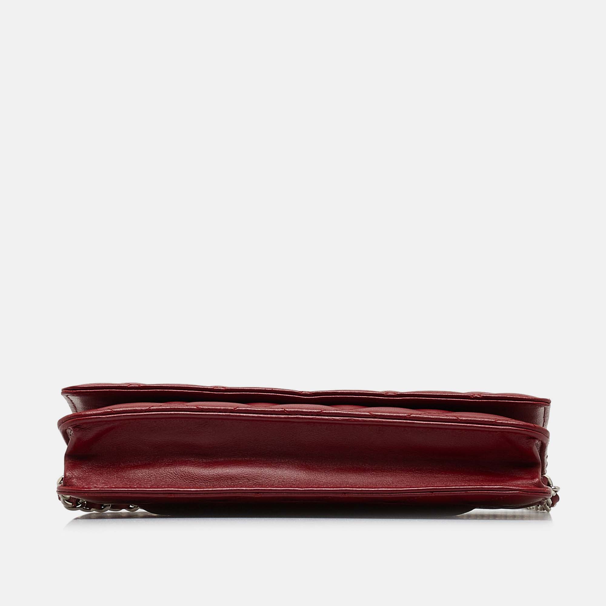 Chanel Red Leather Classic Wallet On Chain