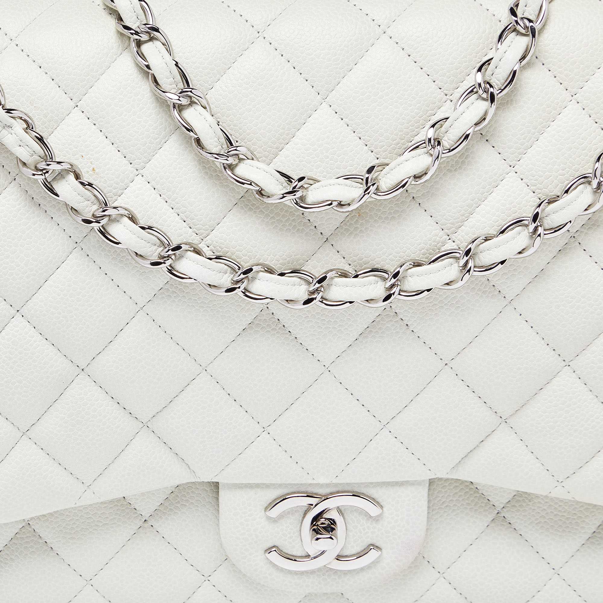 Chanel Off White Quilted Caviar Leather Maxi Classic Double Flap Bag