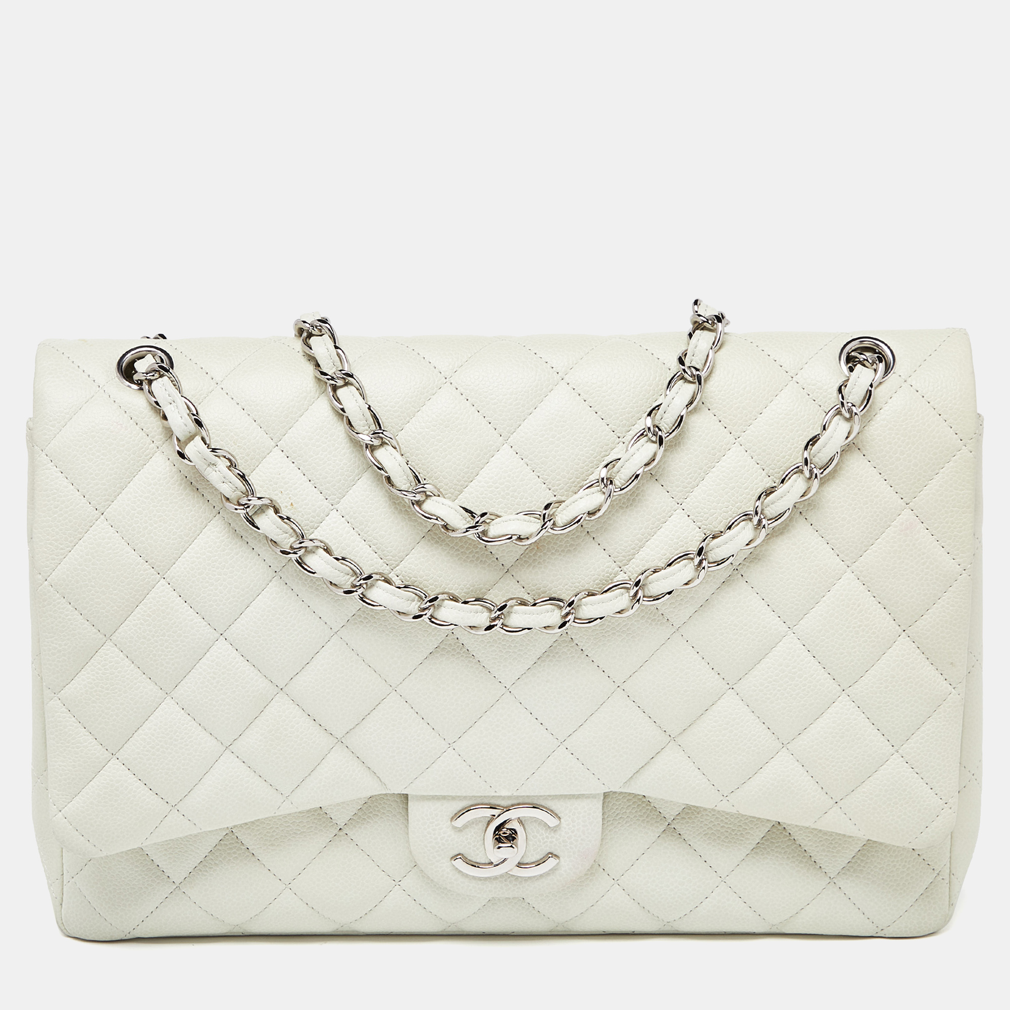 Chanel off white quilted caviar leather maxi classic double flap bag
