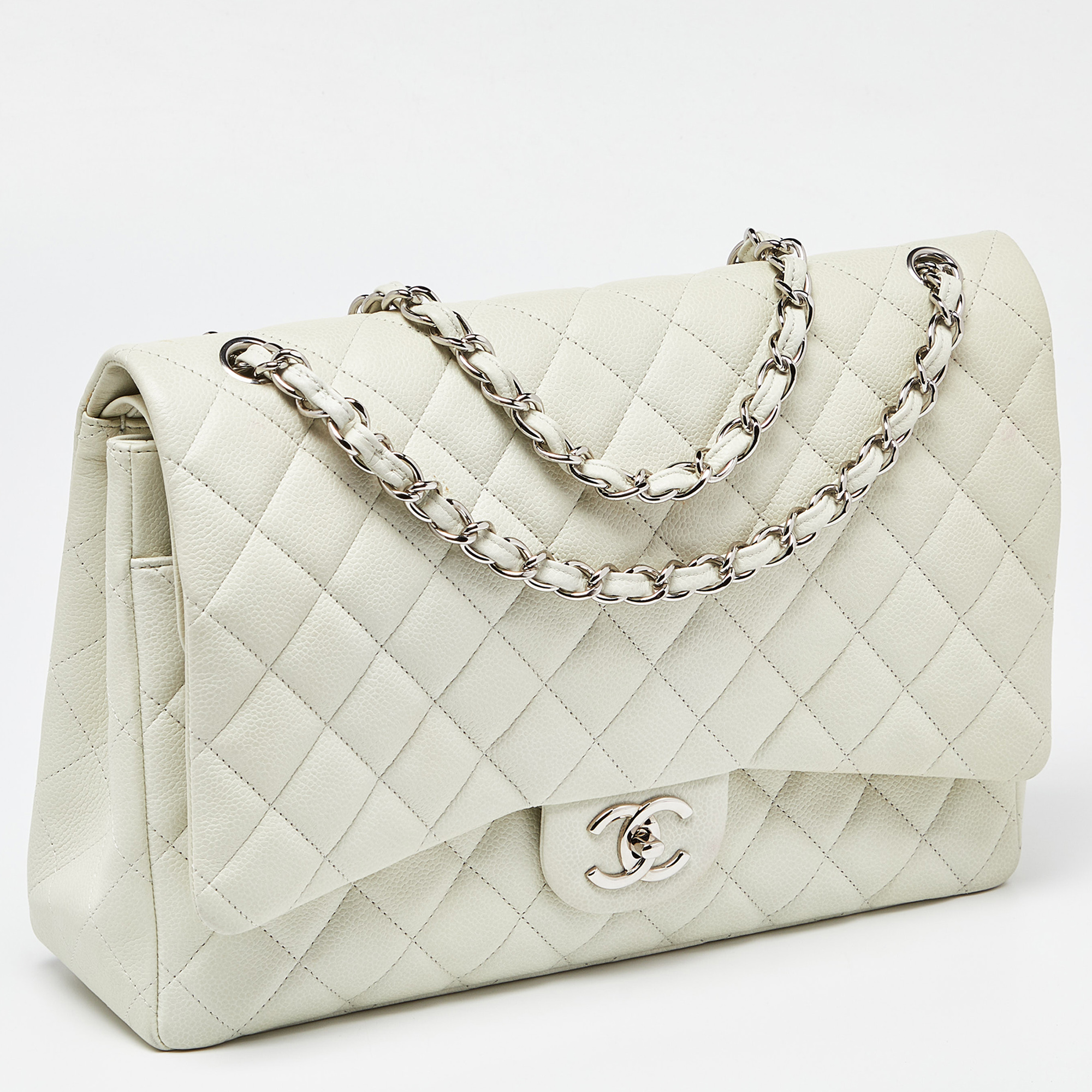 Chanel Off White Quilted Caviar Leather Maxi Classic Double Flap Bag
