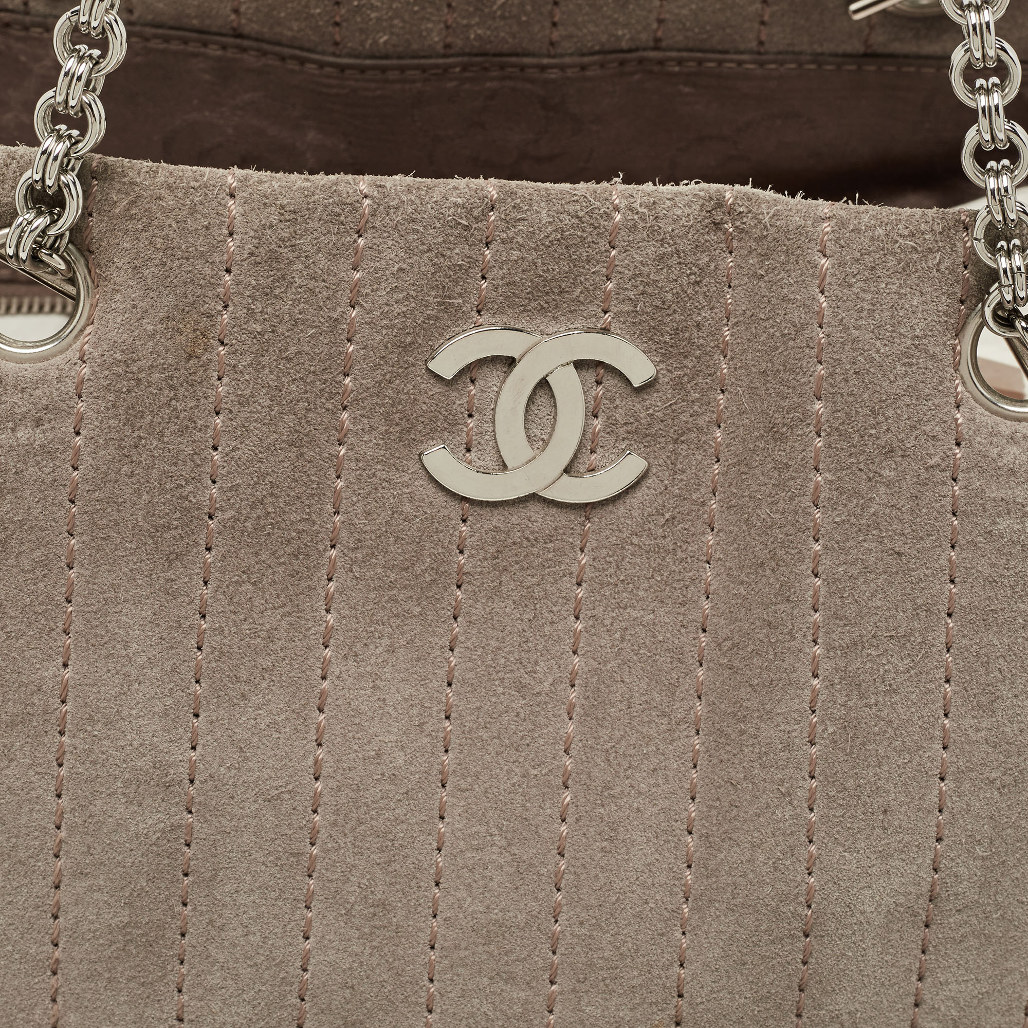 Chanel Grey Vertical Quilted Suede Large Mademoiselle Tote