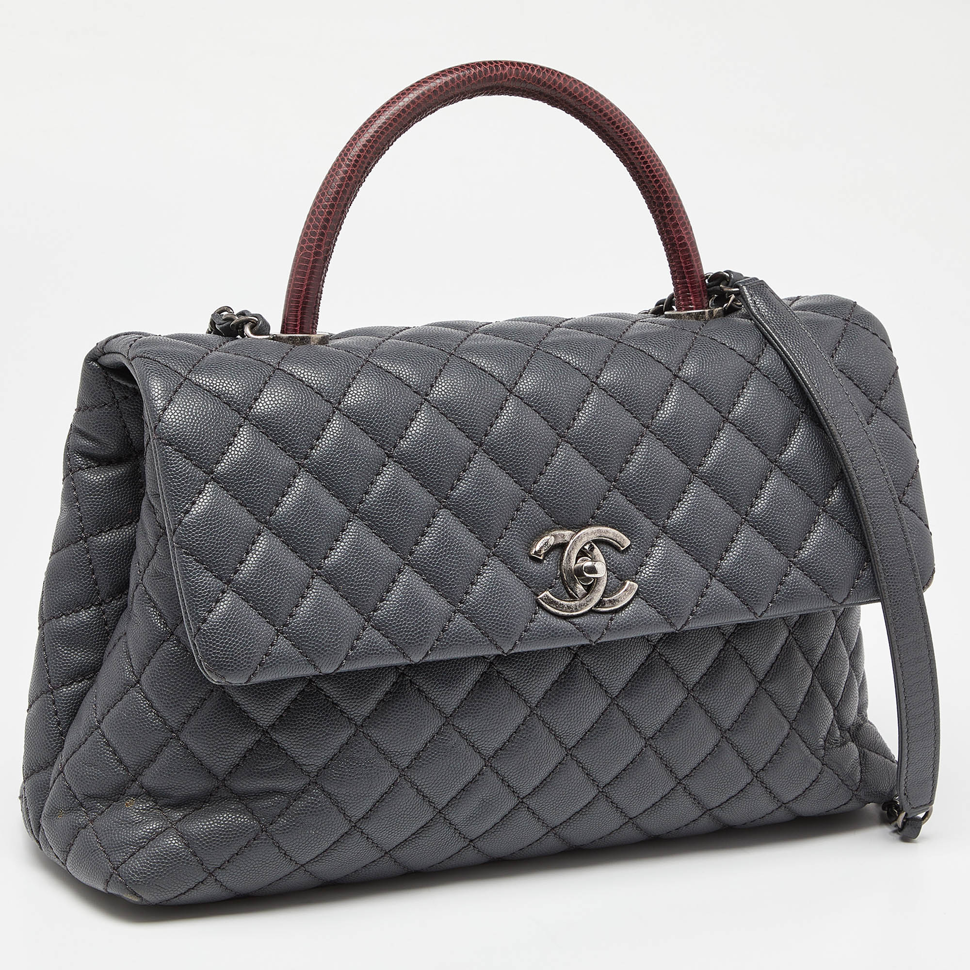 Chanel Grey/Red Caviar Leather And Lizard Leather Medium Coco Top Handle Bag