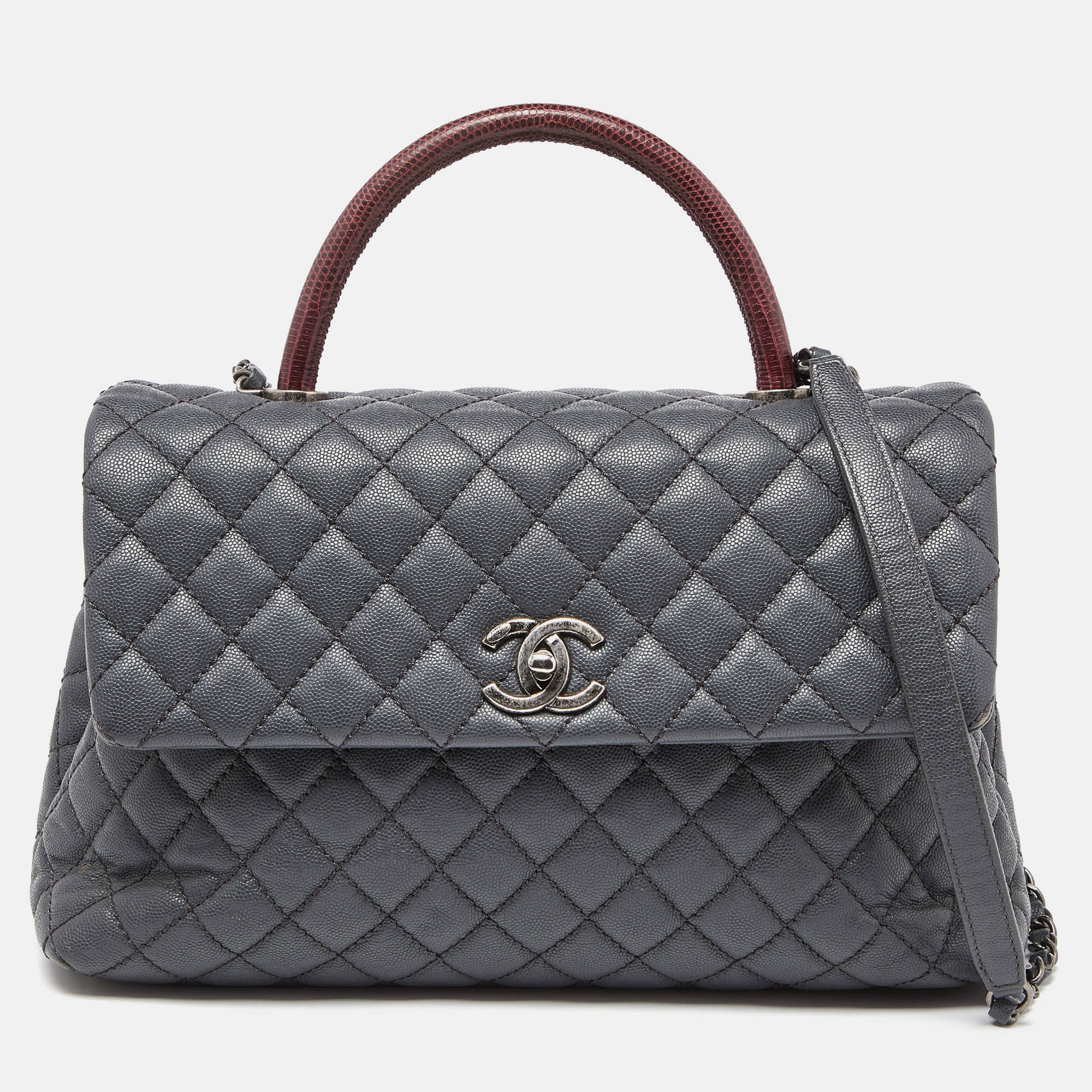 Chanel Grey/Red Caviar Leather And Lizard Leather Medium Coco Top Handle Bag