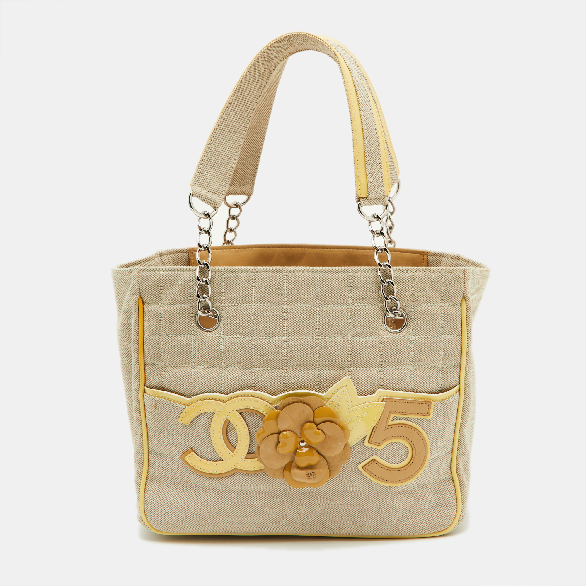 Chanel Beige/Yellow Canvas And Patent Leather Camellia No.5 Tote