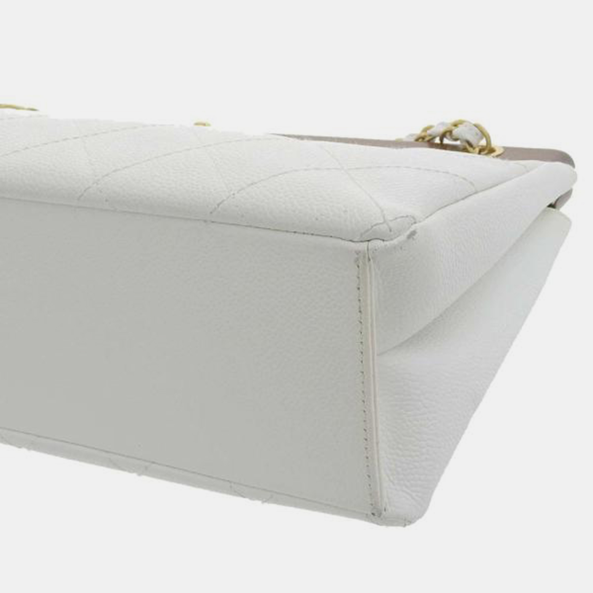 Chanel White CC Quilted Caviar Wooden Bar Shoulder Bag
