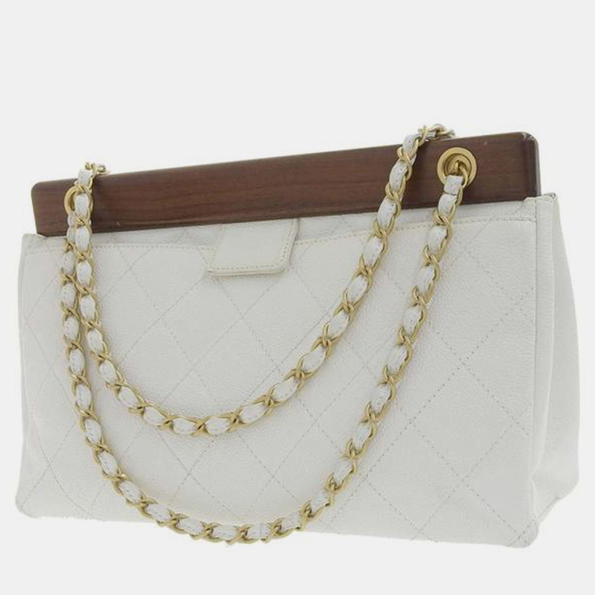 Chanel white cc quilted caviar wooden bar shoulder bag