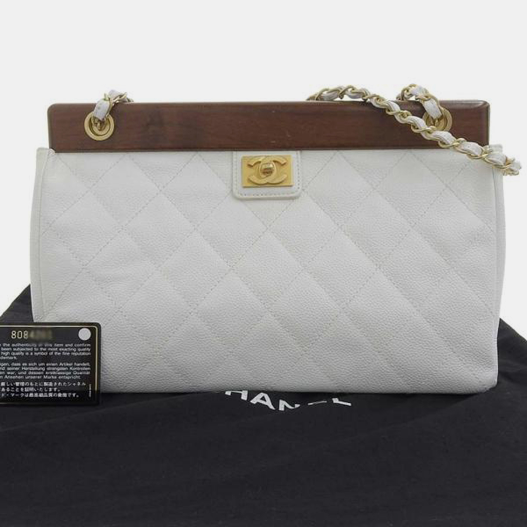 Chanel White CC Quilted Caviar Wooden Bar Shoulder Bag