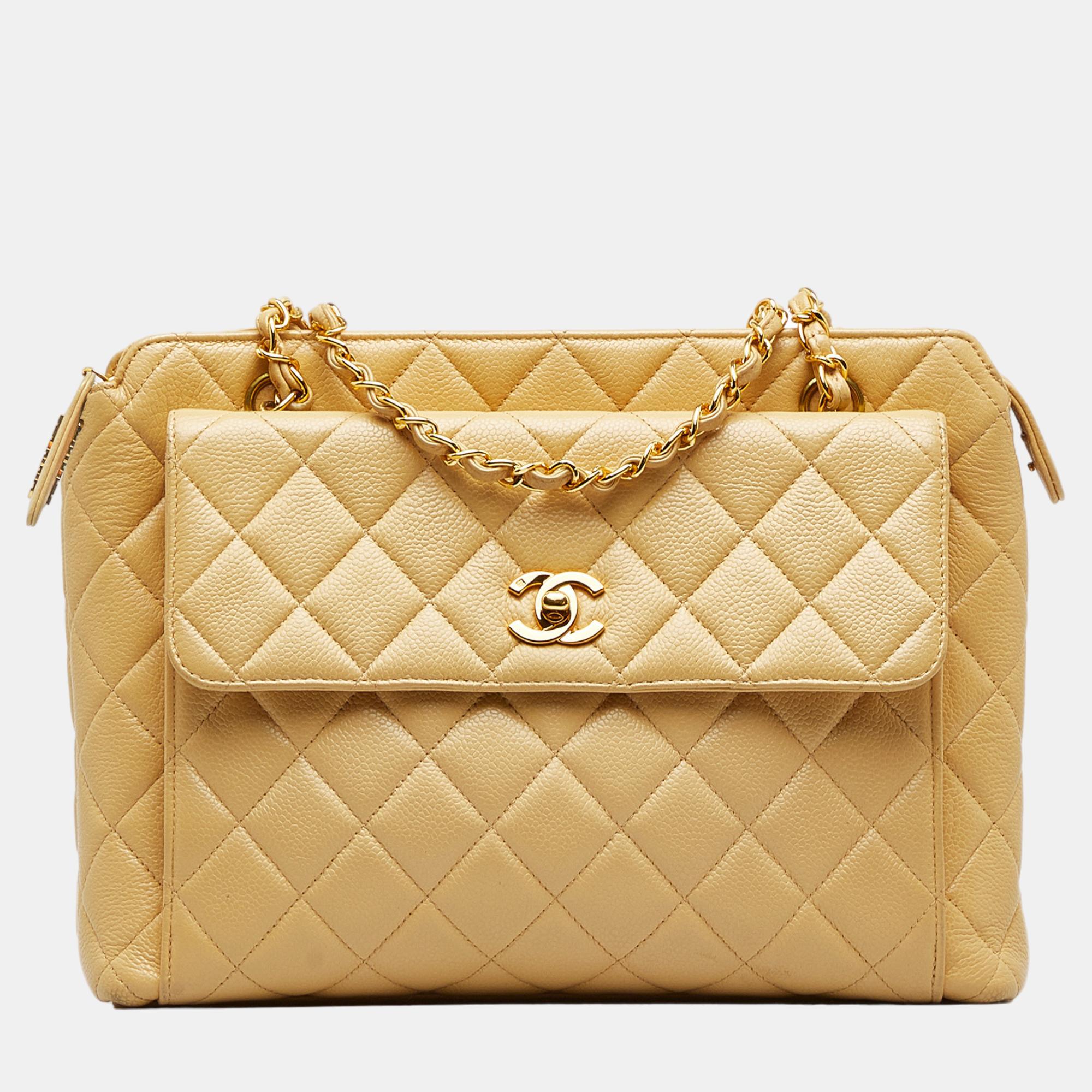 Chanel Beige/Brown Caviar Front Pocket Shoulder Bag