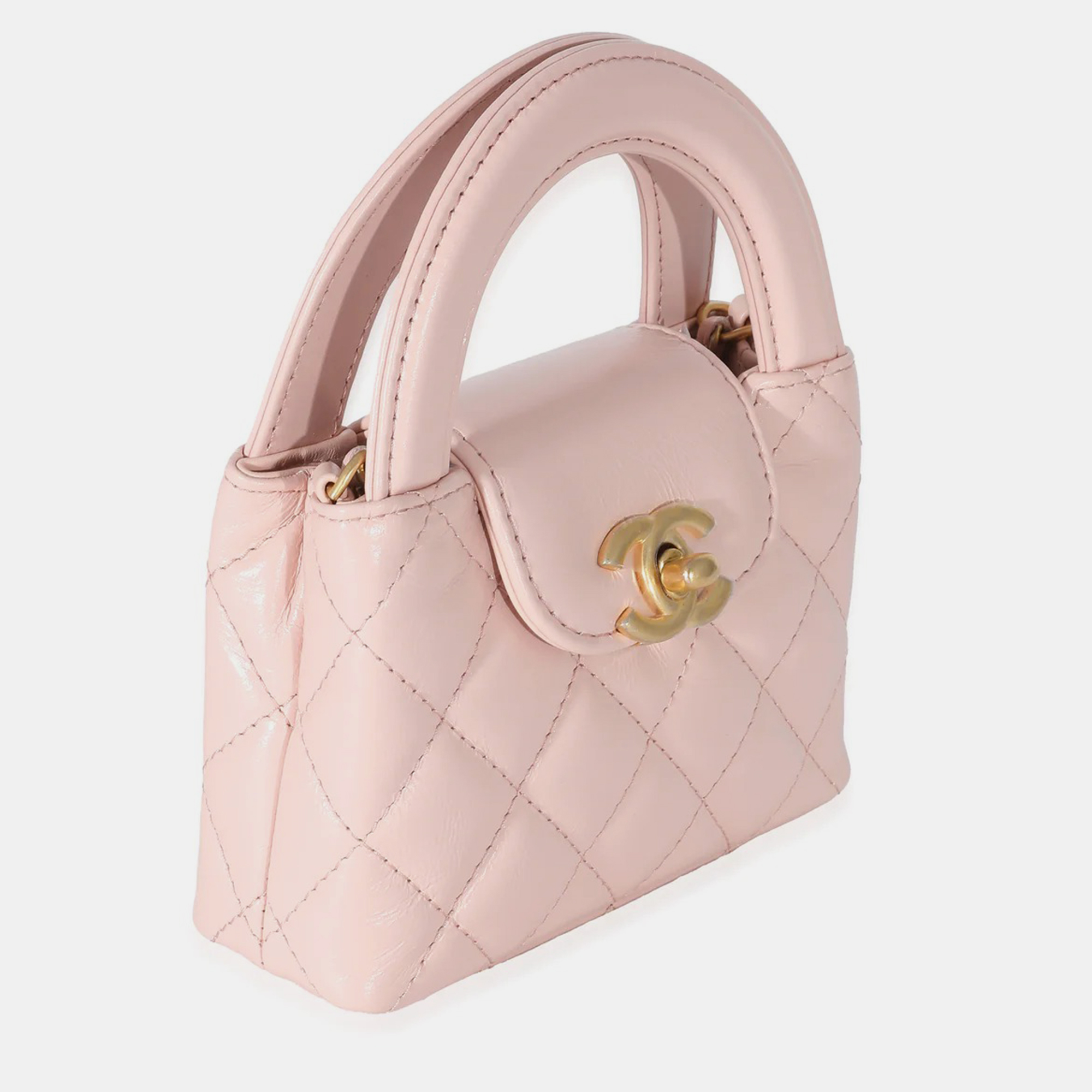Chanel Coral Pink Quilted Shiny Aged Calfskin Mini Nano Kelly Shopper