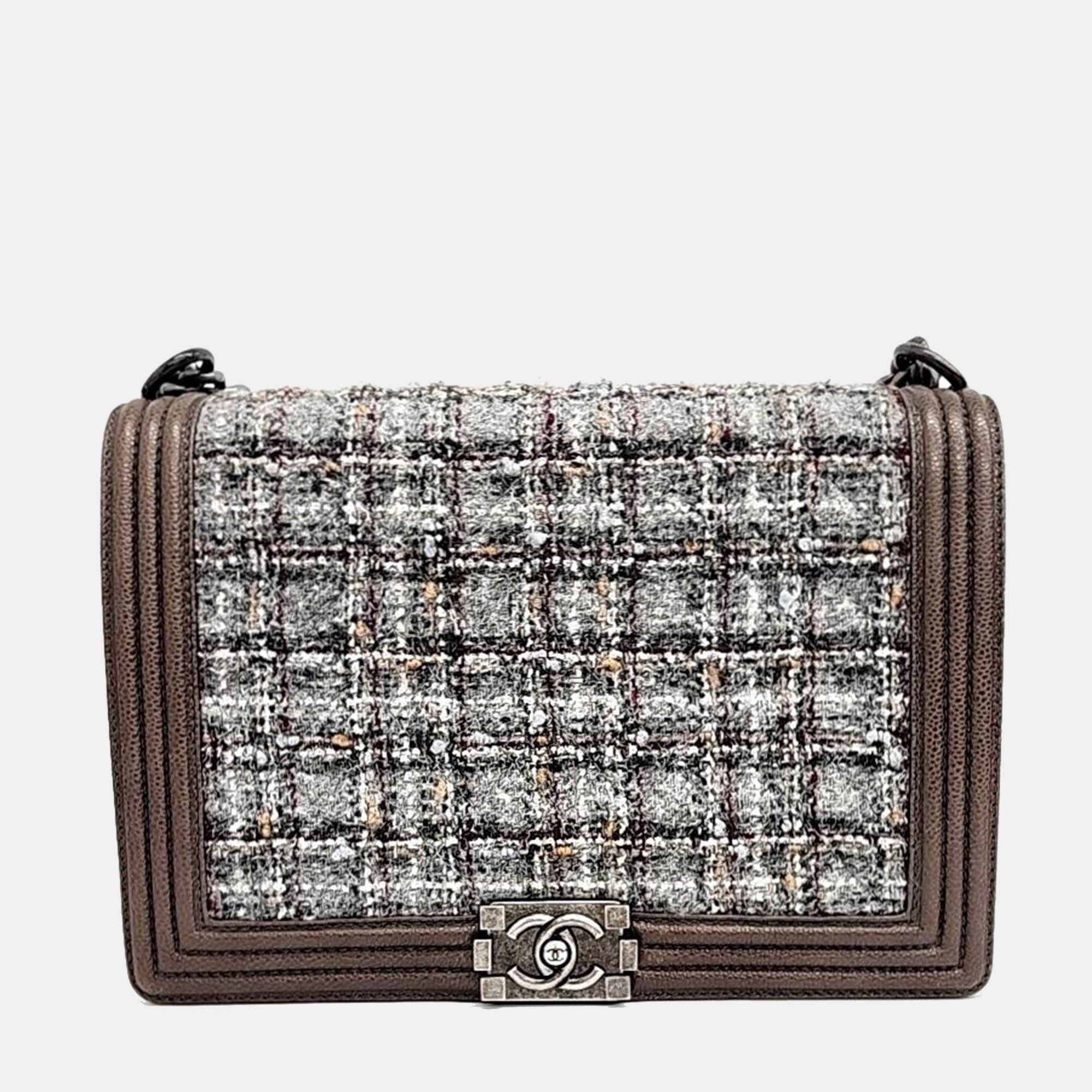 Chanel brown tweed and lambskin paris-edinburgh large boy bag