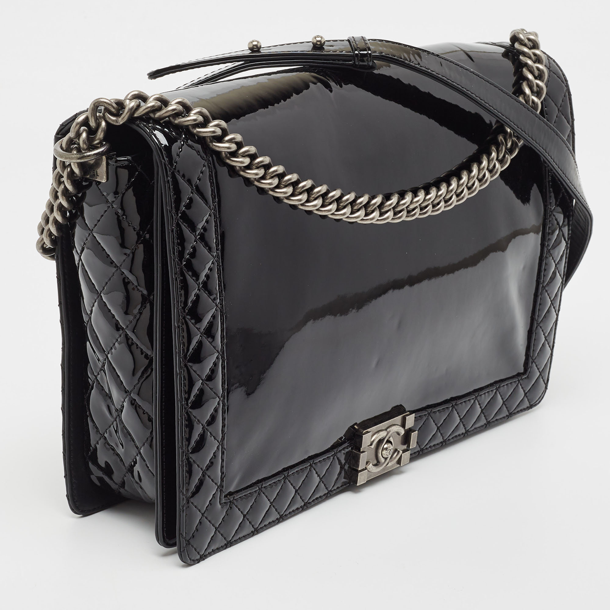 Chanel Black Patent Leather Large Reverso Boy Flap Bag