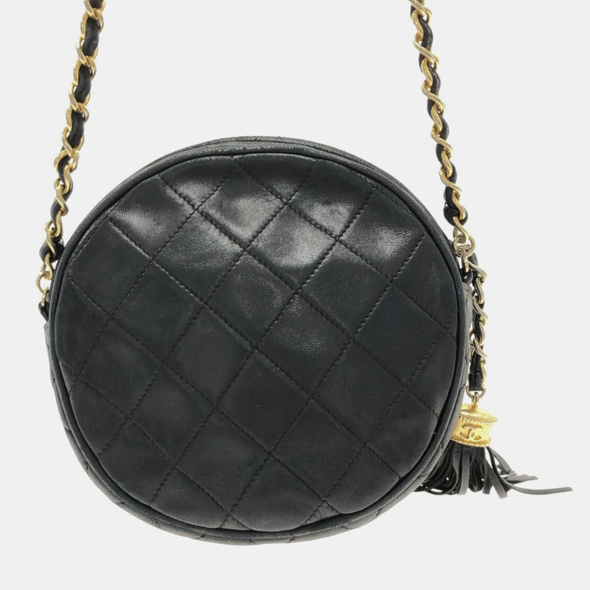 Chanel Black Leather Tassle Round Bag