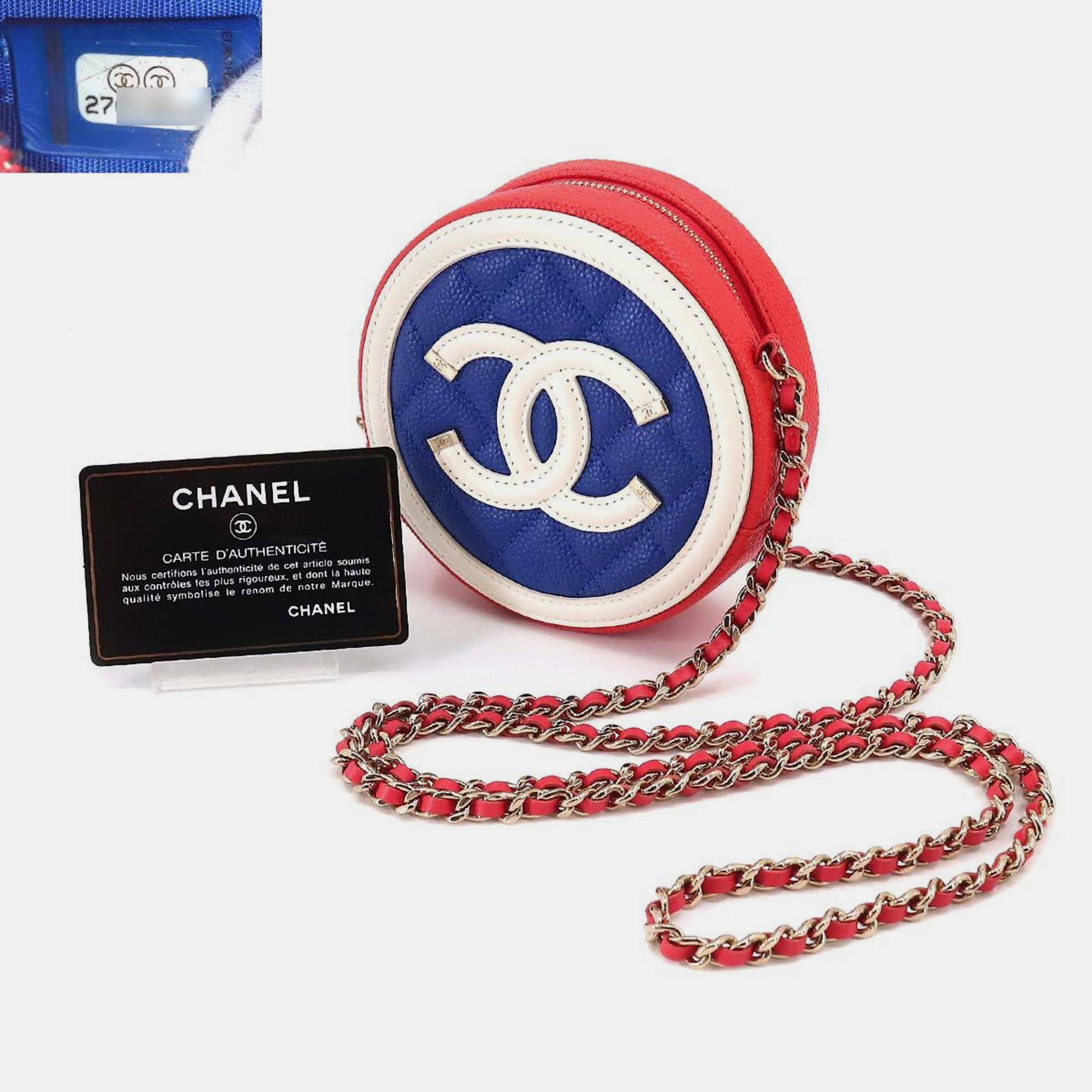 Chanel Blue Leather Filigree Round Chain Shoulder Bag