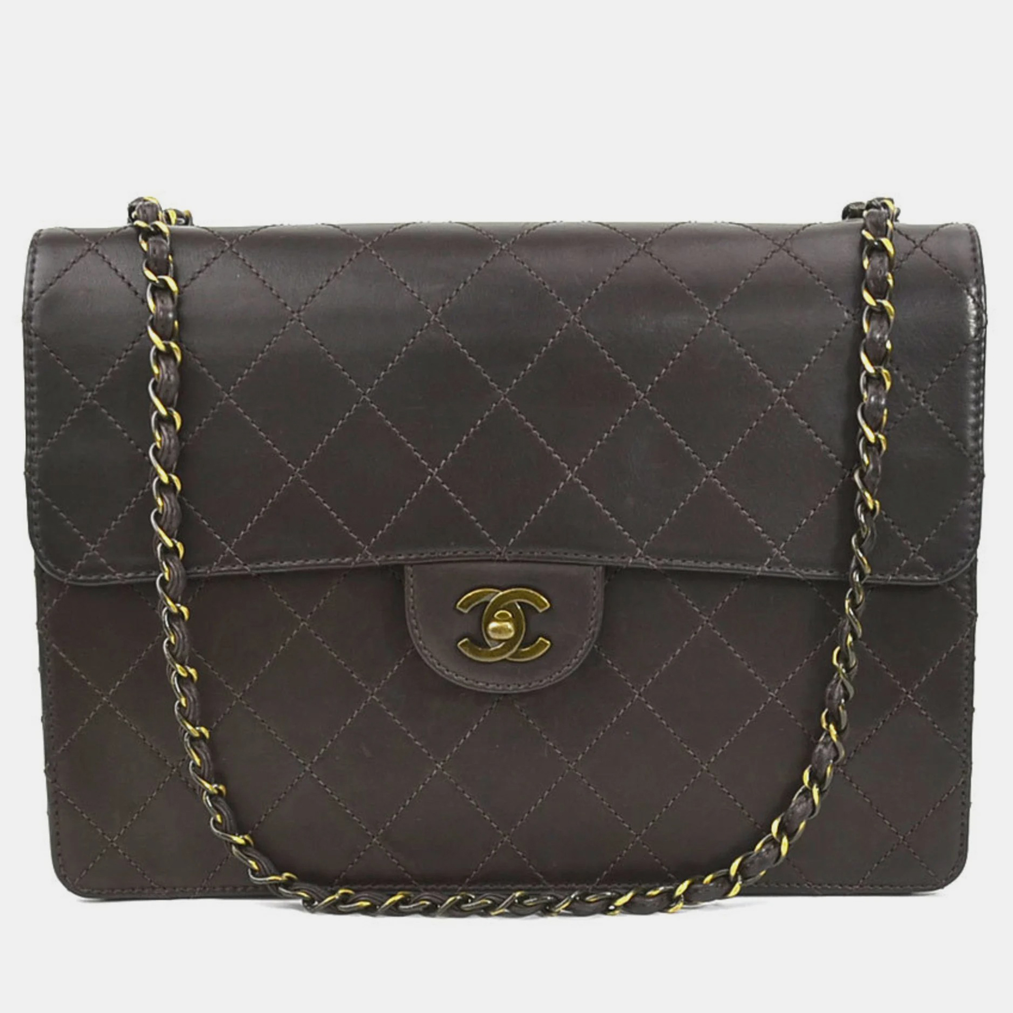 Chanel dark brown leather quilted jumbo classic single flap shoulder bag
