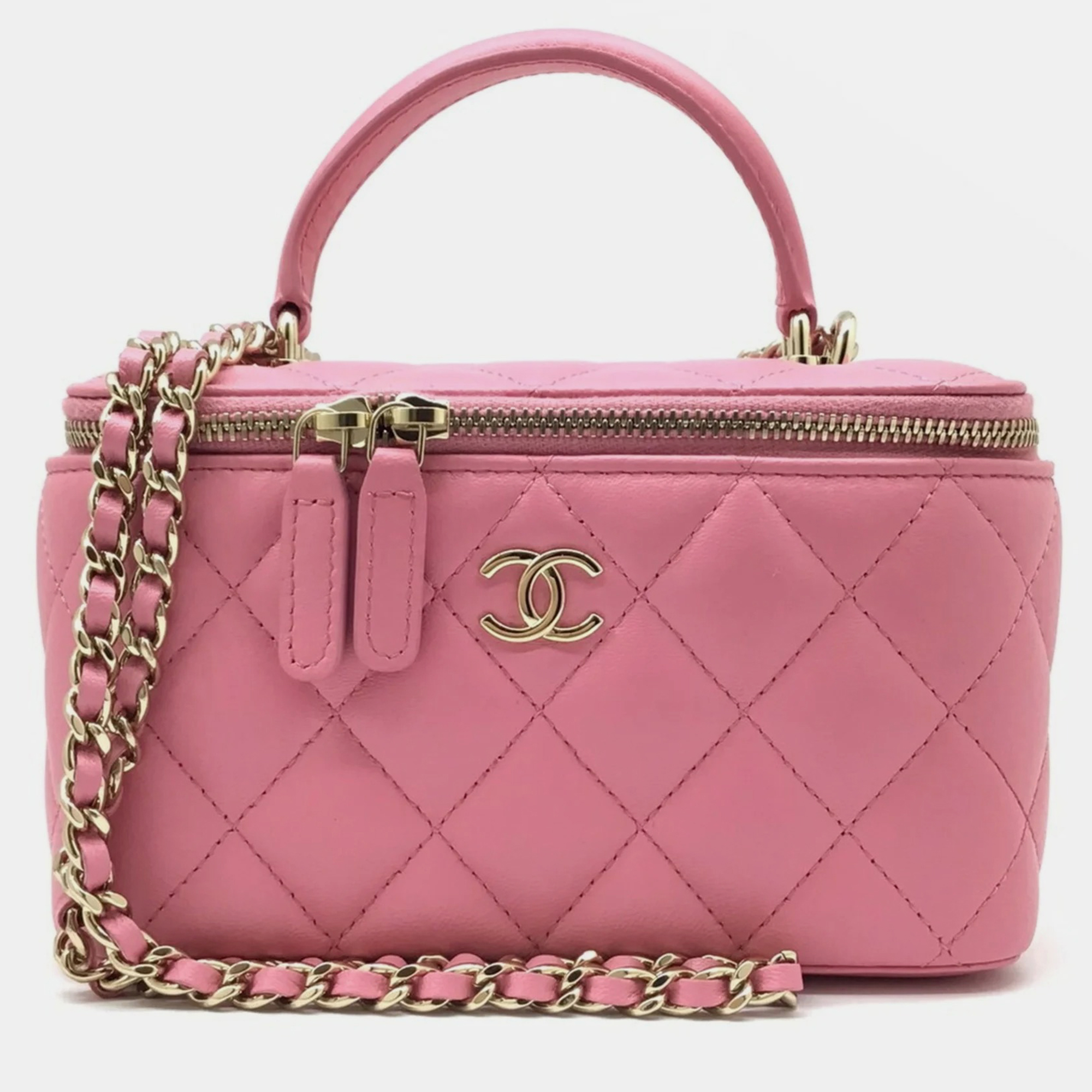 Chanel pink lambskin quilted small top handle vanity case
