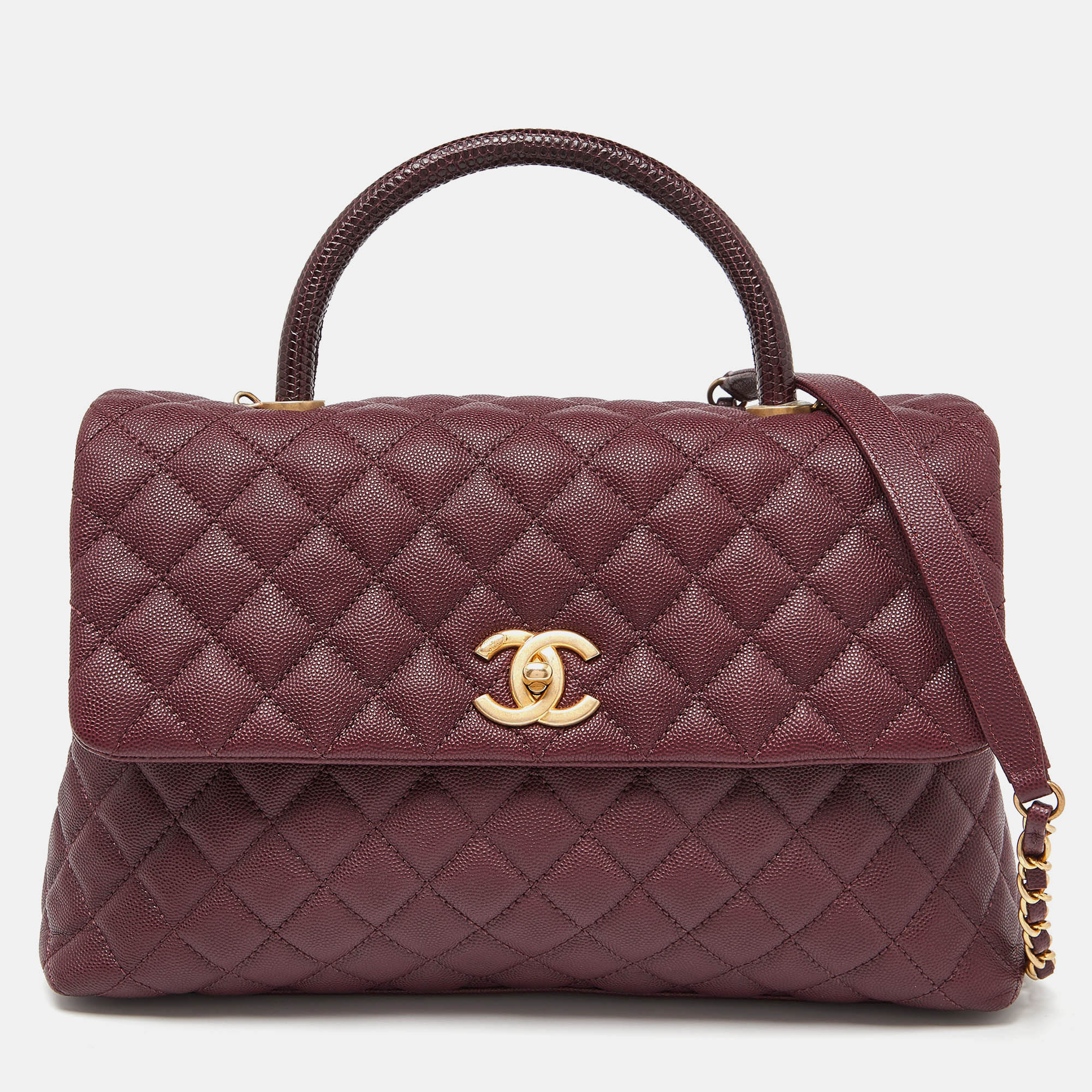 Chanel burgundy quilted caviar leather and lizard medium coco top handle bag
