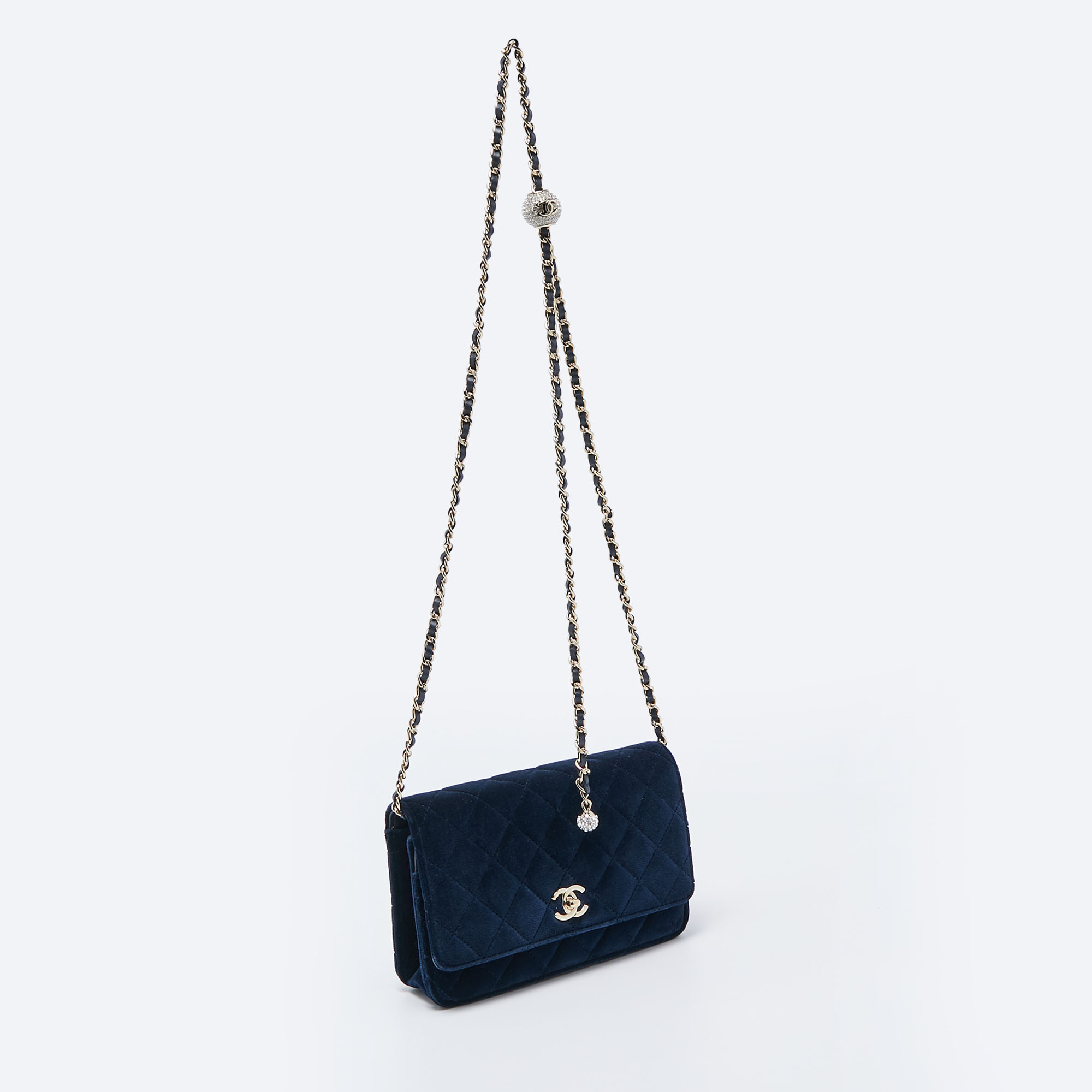 Chanel Navy Blue Quilted Velvet Pearl Crush Wallet On Chain