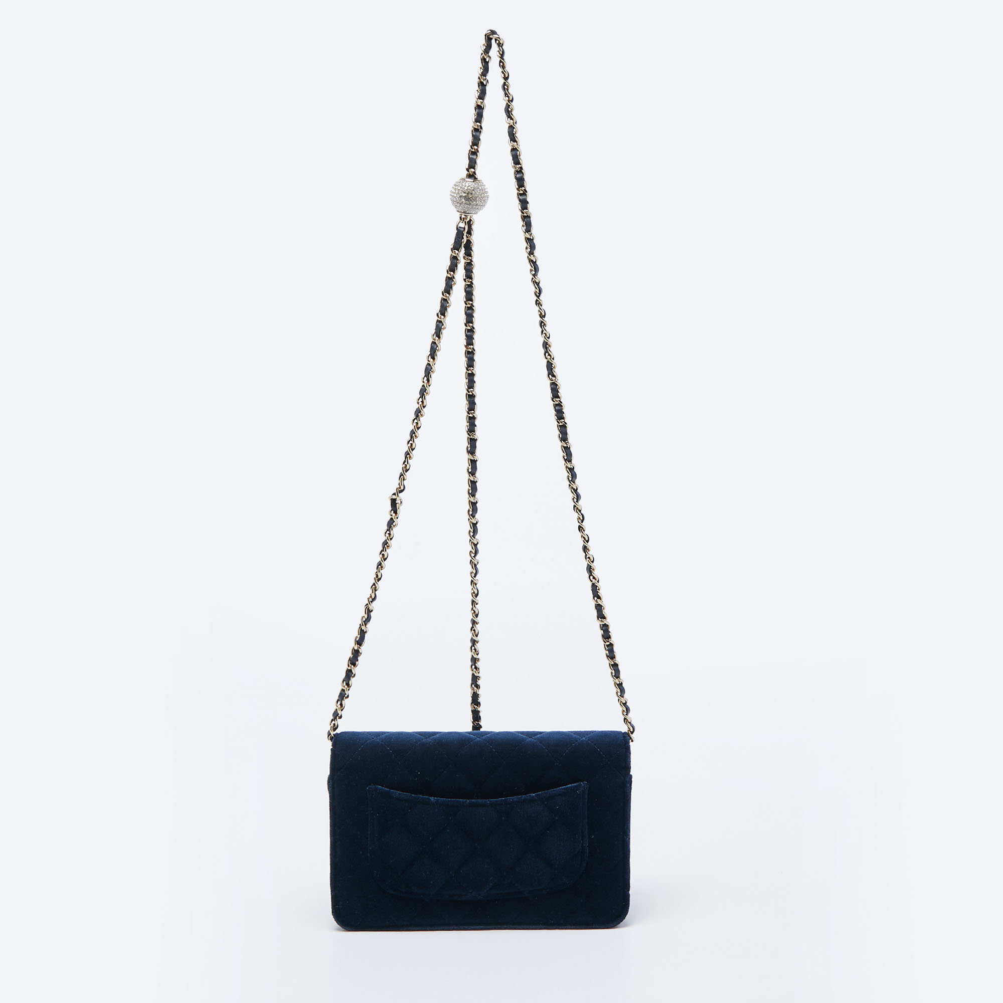 Chanel Navy Blue Quilted Velvet Pearl Crush Wallet On Chain