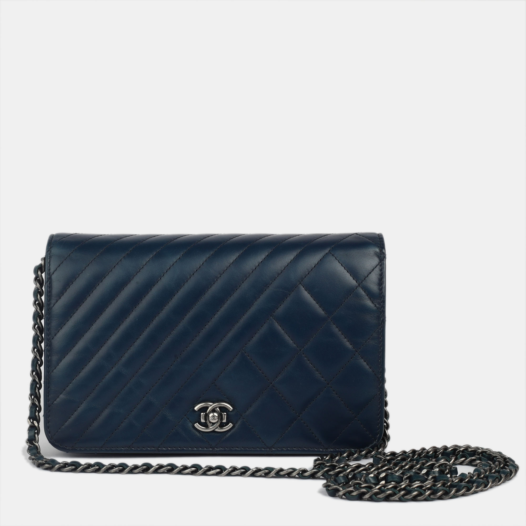 Chanel navy blue lambskin classic woc bag