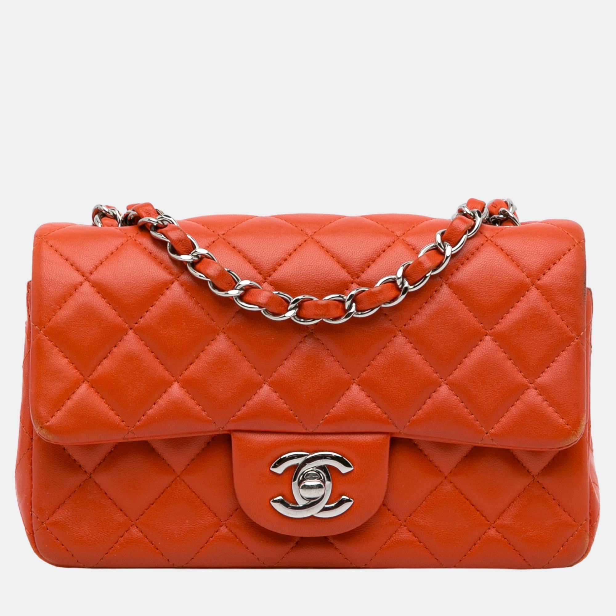 Chanel Orange Mini Classic Lambskin Rectangular Single Flap