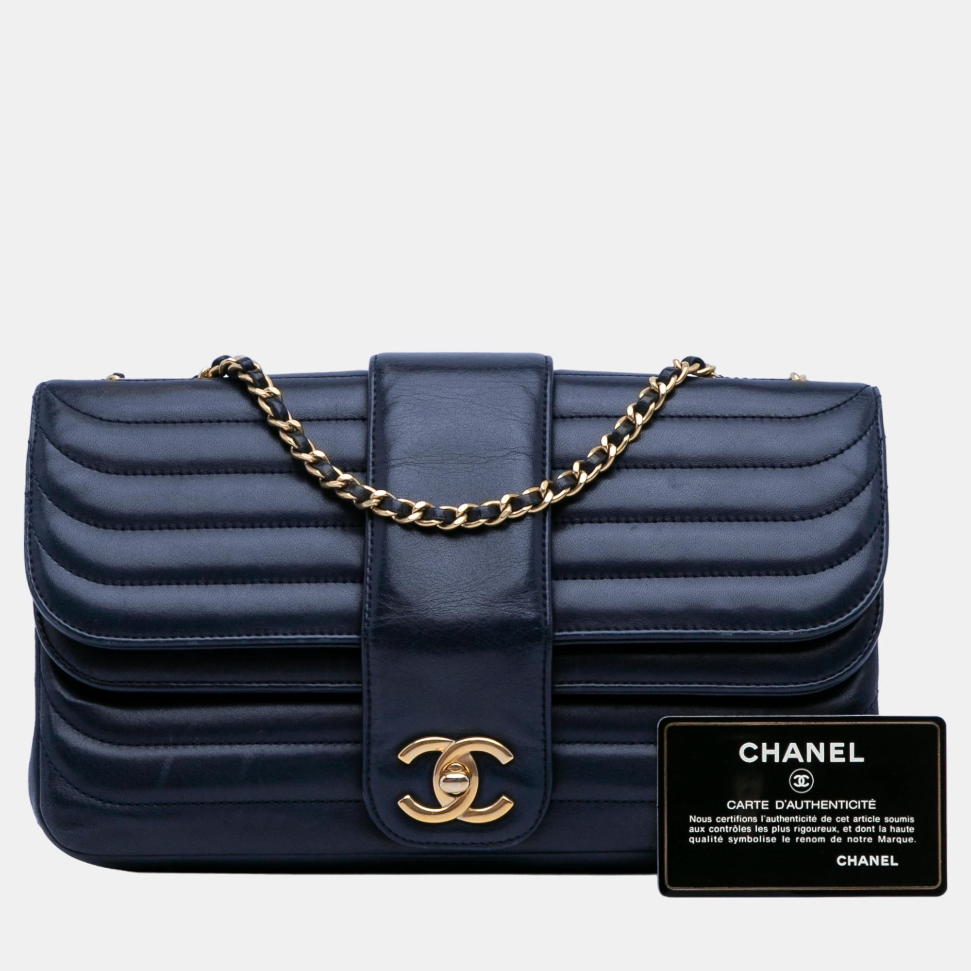 Chanel Navy Blue CC Horizontal Quilted Flap Bag