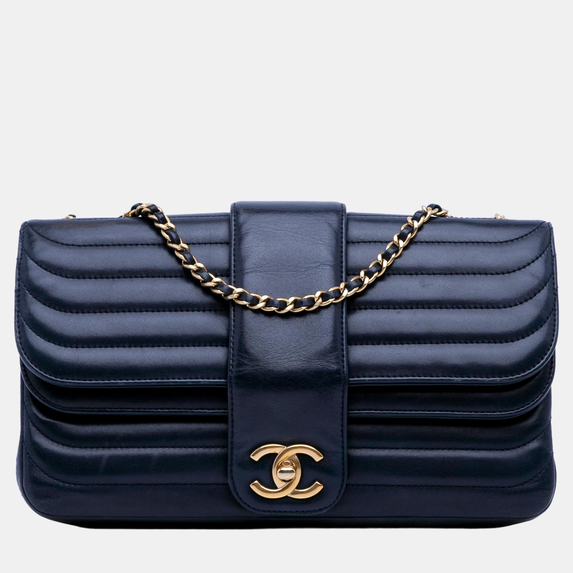 Chanel Navy Blue CC Horizontal Quilted Flap Bag