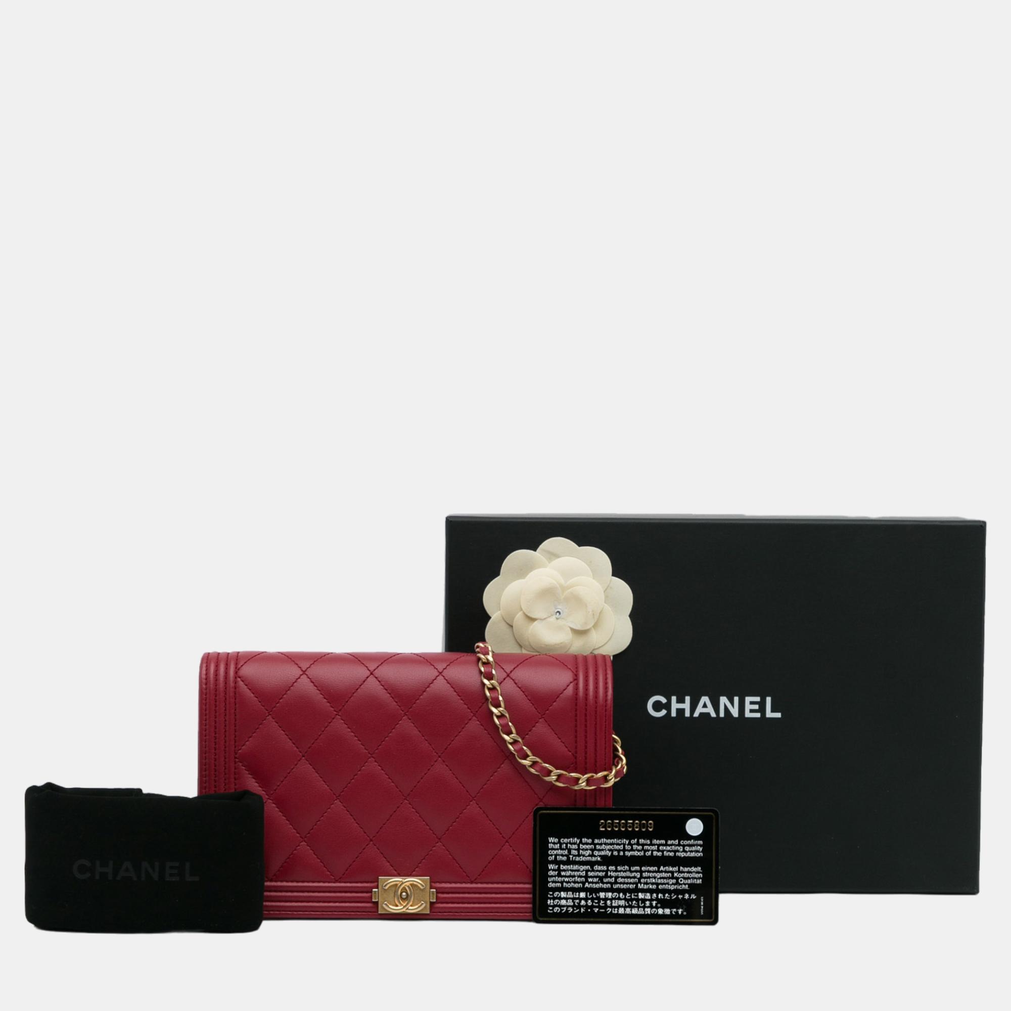 Chanel Red Lambskin Boy Wallet On Chain